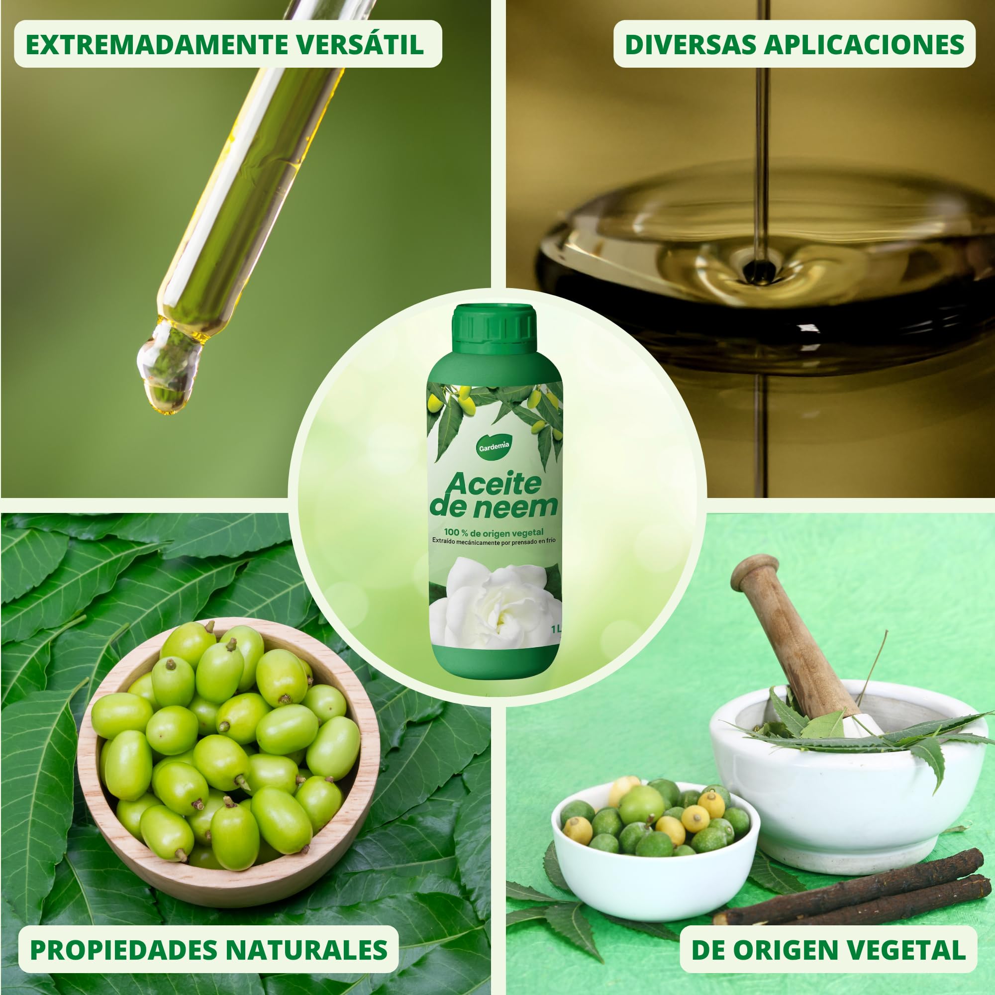 Gardemia Aceite de Neem con Emulsionante 1L miscible en agua 100% de origen vegetal extraído mecánicamente por prensado en frío de los frutos del árbol Neem