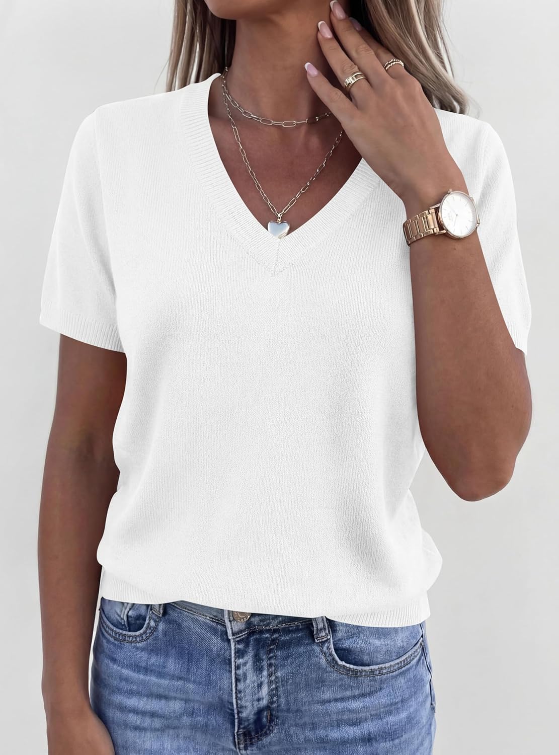 PRETTYGARDEN Womens Short Sleeve Sweater V Neck Trendy Pullover Tops 2026 Summer Spring Loose Lightweight Casual Blouse - Image 7