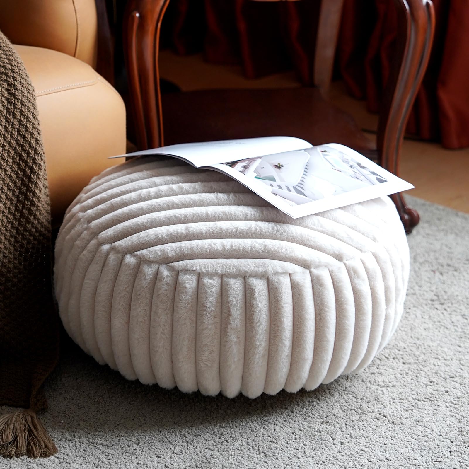 Pouf Ottoman Unstuffed Pouf Cover Soft Round Bean Bag Storage Pouf 20x20x8 Inches Decorative Floor Footrest for Living Room Bedroom Outdoor (Round, Beige)-image-31