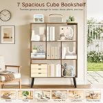 7 Cube Bookshelf with LED Lights, 3 Tier Wooden Bookcase with Legs, Dimmable Touch & Remote Control, Modern Freestanding Display Shelf for Living Room, Bedroom, Home Office