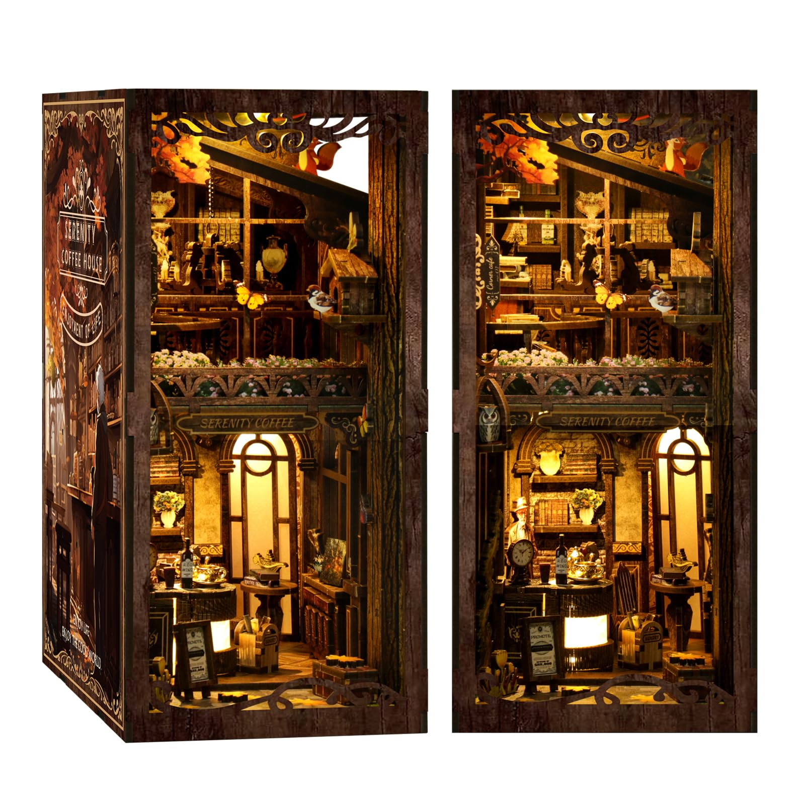 GuKKK Book Nook Kit, Own Bookstore Booknook Puzzle in Legno 3D, Costruzione di Modellini con Mobili e Luce LED in Legno Book Scaffale Inserto Decorazione, Regalo di Vacanza (Caffetteria)