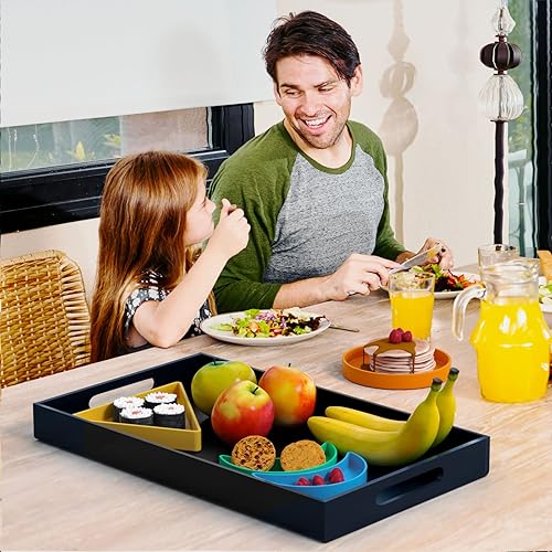 Miniatura 7 de NIUBEE Bandeja acrílica para servir de 12 x 20 pulgadas, a prueba de derrames, bandeja organizadora decorativa negra para mesa de café otomana con