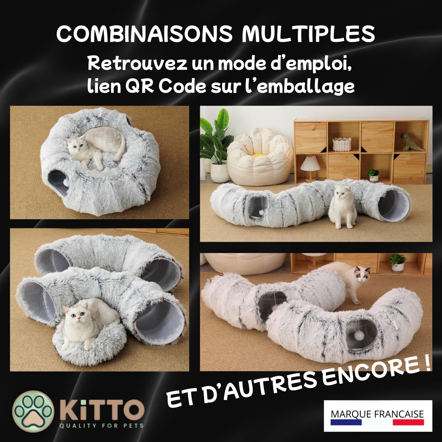 Kitto - Tunnel pour Chat - Panier Moelleux avec Coussin lit - Tunel Cat Jeu - Cabane, Niche - Tunnelle modulable - Rond -Convient pour Chat XXL, Petit Chien, Lapin, Furet - 12 Attaches en Bois