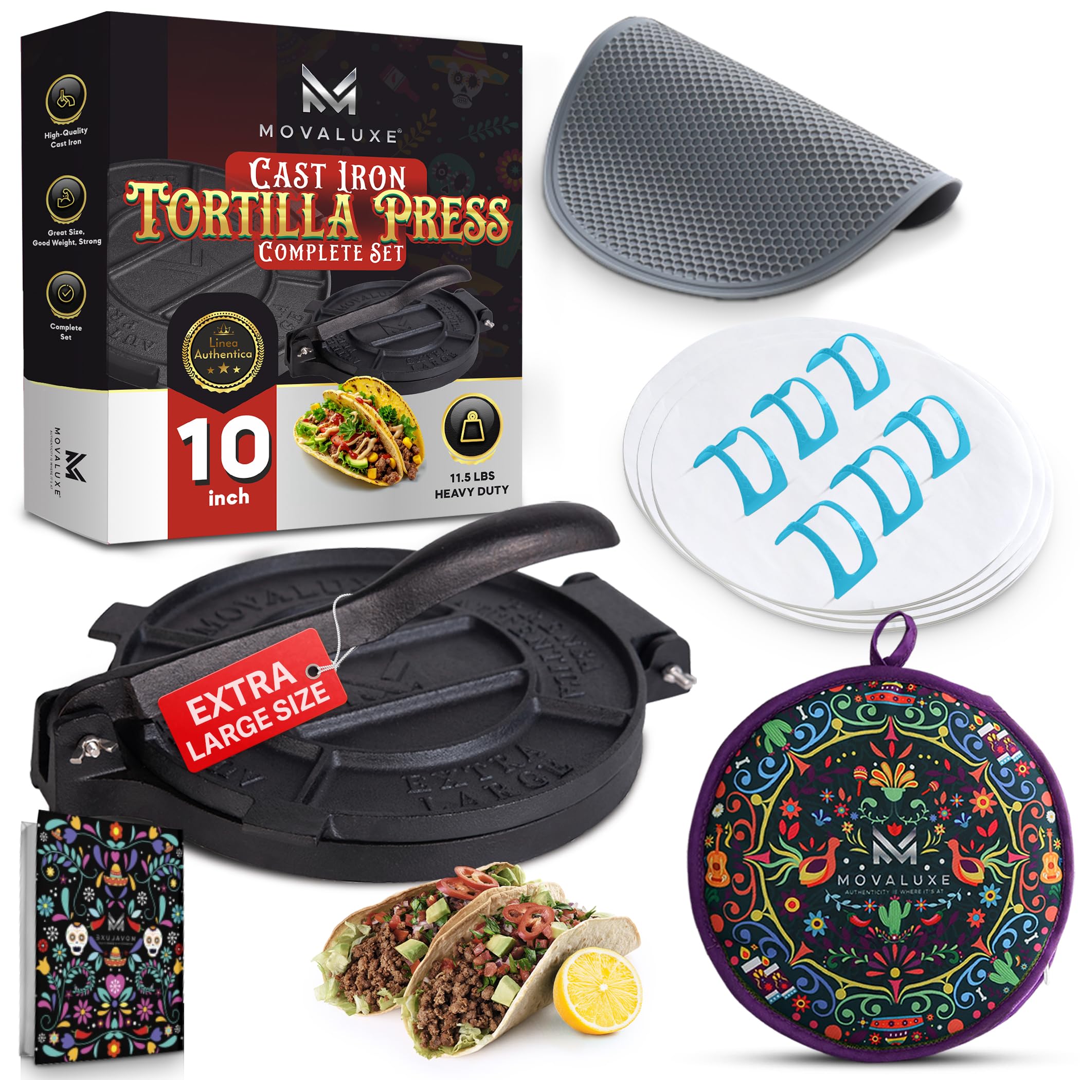 MOVALUXE® - Tortilla Press 10 inch Cast Iron Tortillas Maker. A Gift Set with a Warmer Pouch, 6 Taco Holders, Parchment Paper, Rubber mat and Recipe E-book. The Perfect Roti, chapati Dough Press
