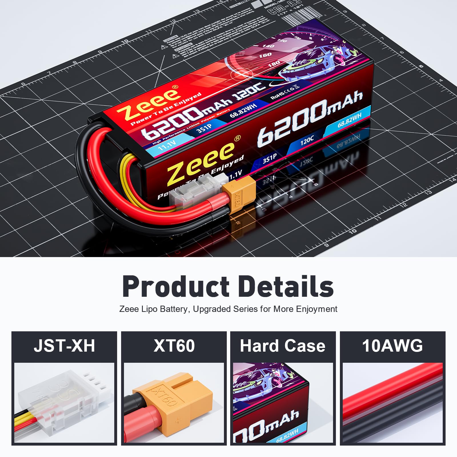 Zeee 3S Lipo Akku 6200mAh 11,1V 120C Hartschalen mit XT60 Stecker(2Stück) | RC Batterie für Fahrzeuge im Maßstab 1/8 bis 1/10 RC-Autos Tanklastwagen Rennmodelle