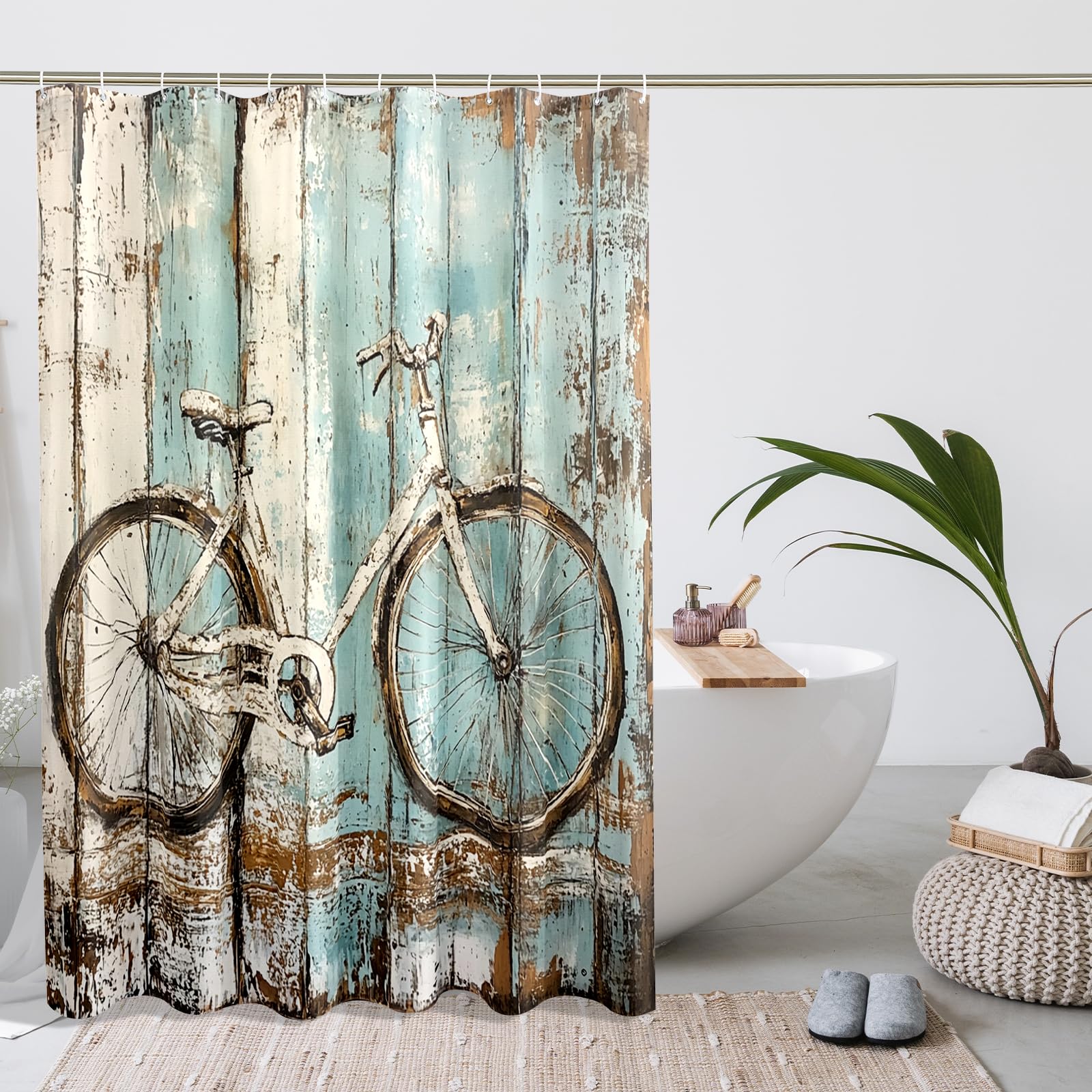 Rideau de douche vintage en tissu imperméable avec crochets pour salle de bain - Motif vélo - Bleu turquoise et blanc - 157 x 183 cm