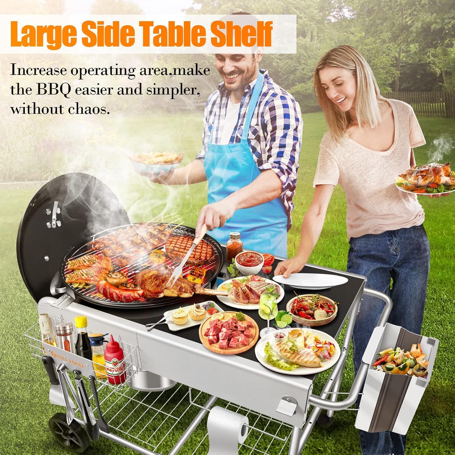 GFTIME Table de barbecue en acier inoxydable pour Weber Original Kettle, Premium, Master Touch, Jumbo Joe, barbecue au charbon de bois Performer avec support de couvercle