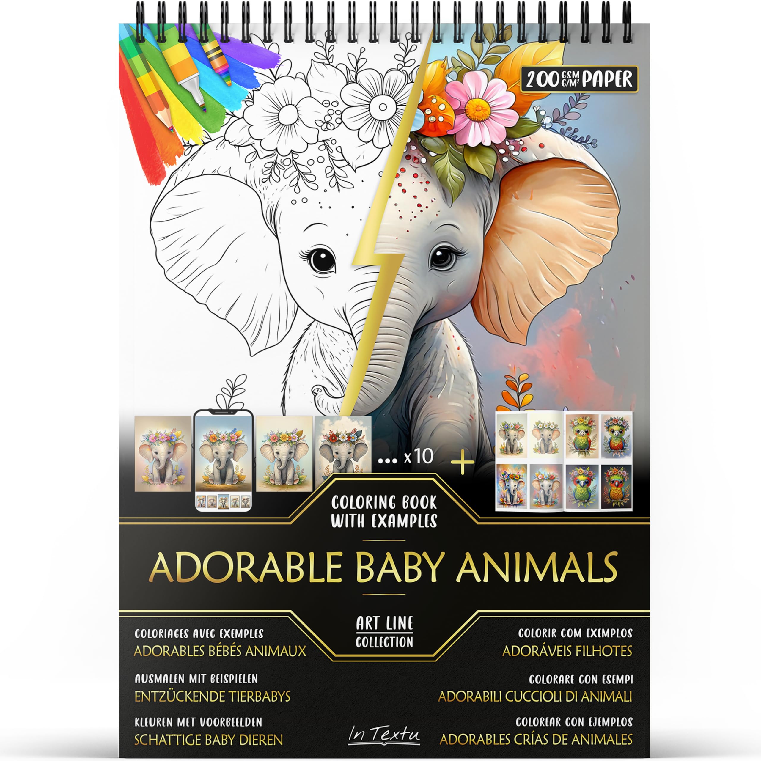In Textu – Adorables Crías de Animales – Libro de Colorear para Adultos y Adolescentes con Ejemplos Coloreados Inspiradores – Papel Premium 200 g/m² – Encuadernación en Espiral Fina