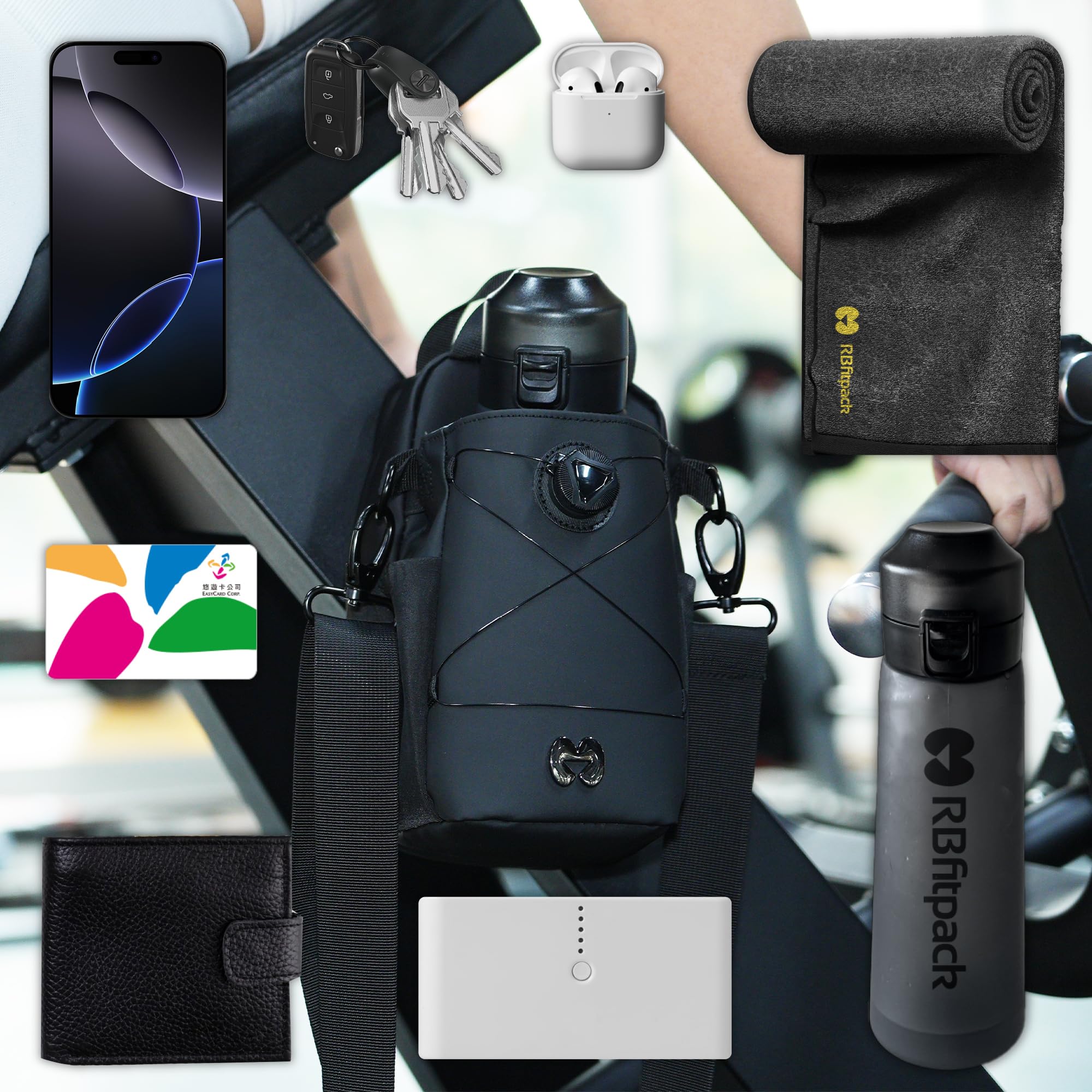 Richboyz Magnetische Flaschen-Schlingentasche: 10 kg Magnet – Wasserabweisender Gym Flaschenhalter Tasche mit Organizer – Freisprech-Sportzubehör für Männer und Frauen