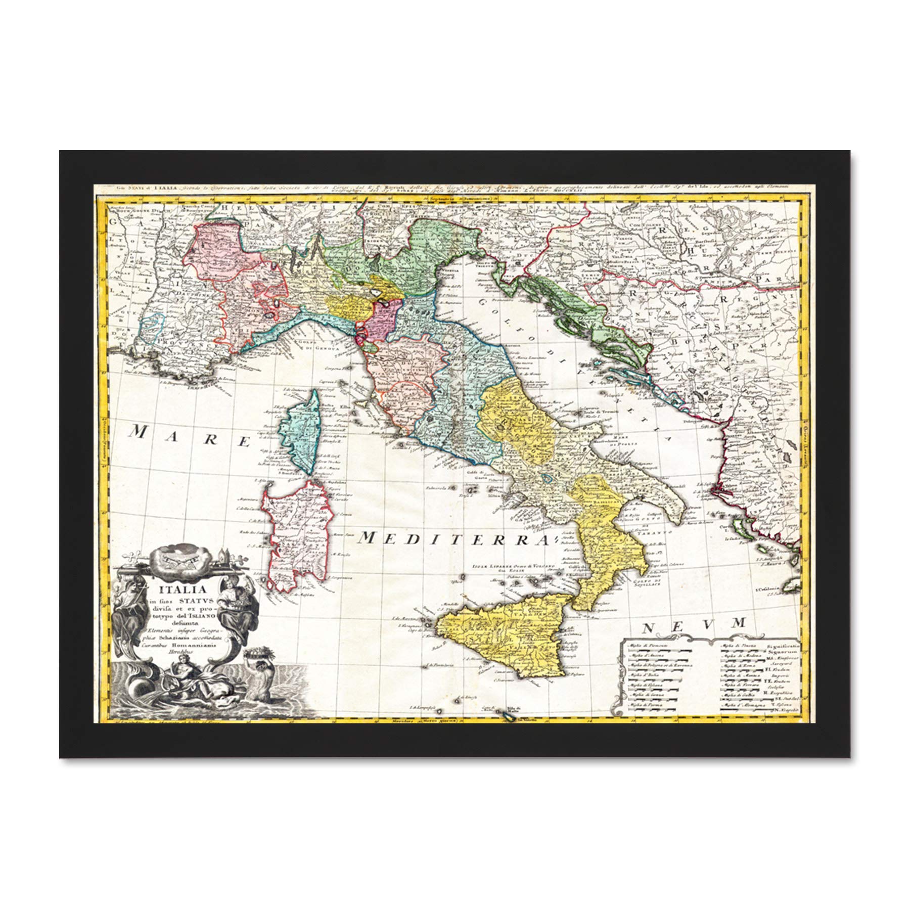 Wee Blue Coo Map Antique Homann Heirs Italy Mediterranean Sea Art Large Framed Art Print Poster Wall Decor 18x24 inch