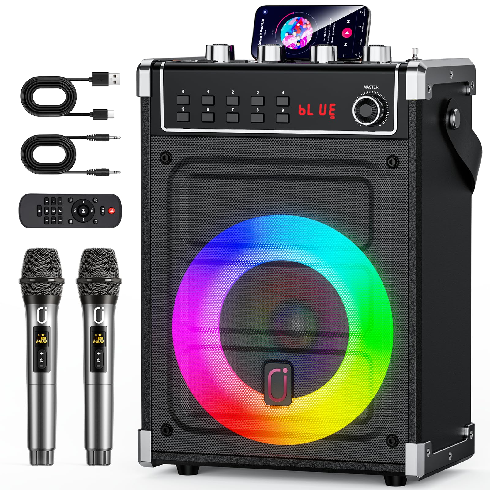 JYX Machine Karaoke Adulte, 380W Puissance, Enceintes Karaoké Professionnelles avec 2 Micro sans Fil et Lumières Fête DJ, Système karaoké Portable Compatible TWS/AUX/FM/USB/TF, Noir