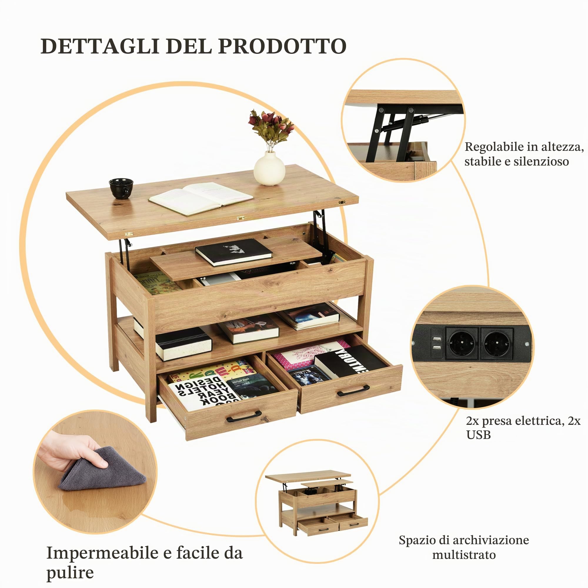 Tavolino da Salotto Regolabile in Altezza, Tavolo Pieghevole Allungabile Trasformabile in Tavolino da Caffè con Cassetti e Vano Nascosto Salotto Moderno Mobili Soggiorno/100x50x50CM-Stile-A/Faux Oak