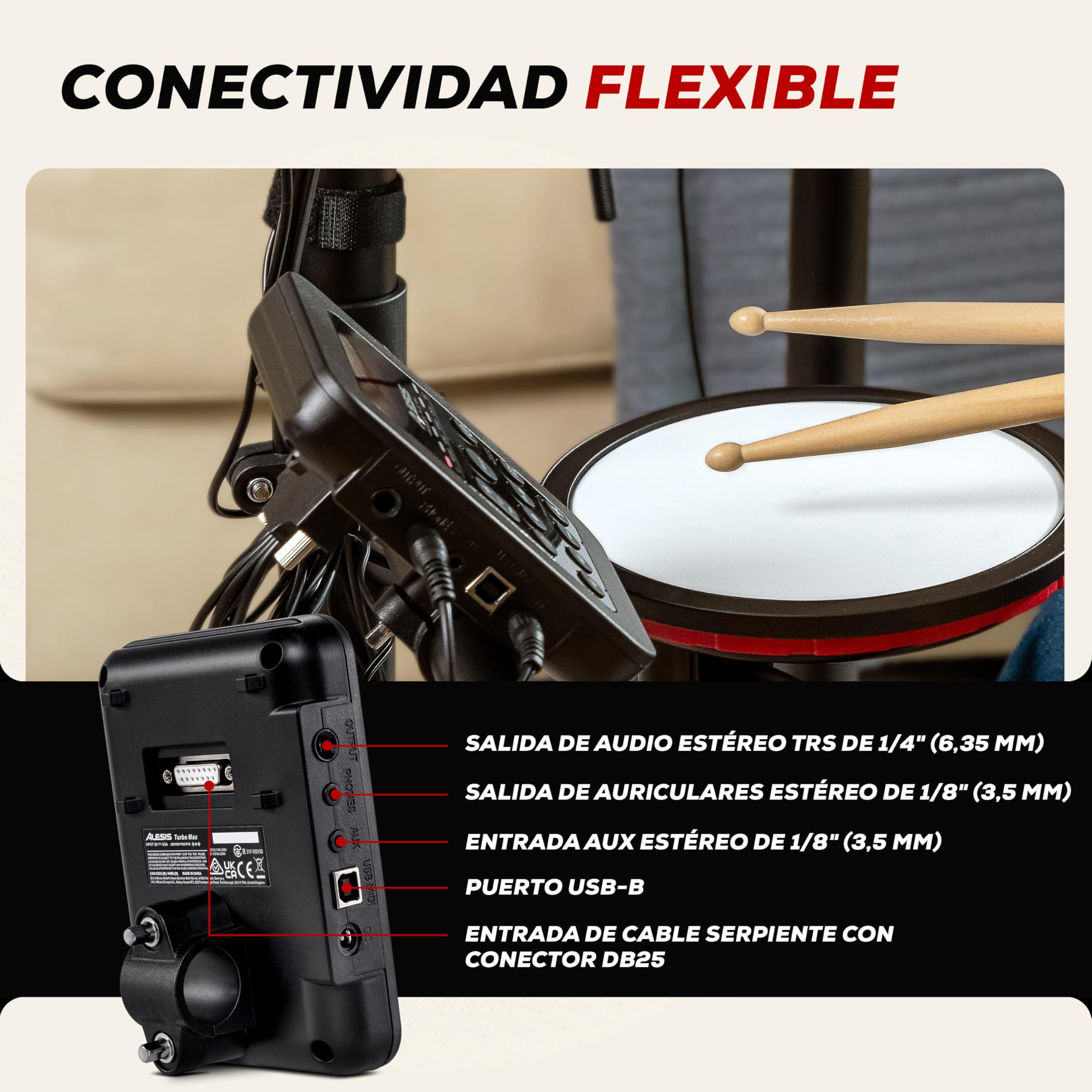 Alesis Turbo Max Batería Electrónica | Compacta, Plegable, Pads de Malla Silenciosos, Toms de 8", Platillos de 8", Bluetooth, Banqueta, Auriculares, Baquetas