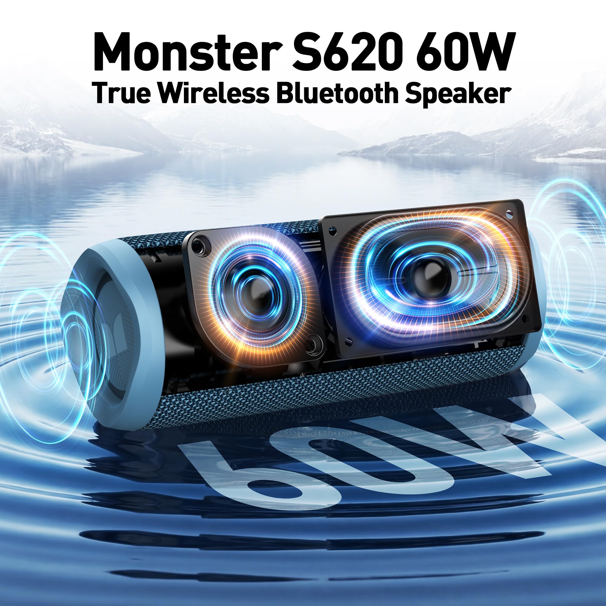 Monster Altavoz Bluetooth S620, altavoces Bluetooth inalámbricos portátiles para exteriores, estéreo inalámbrico de 60 W, IPX8 impermeable, doble emparejamiento, micrófono integrado Bluetooth 5.4