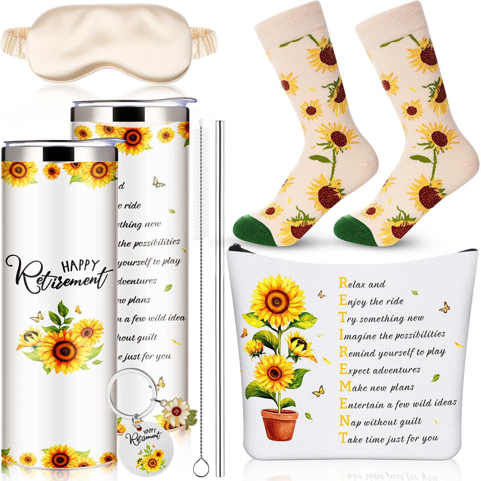 Patelai 5 Pcs Teacher Retirement Gifts for Women 2025 Graduation Funny Sunflower Retired Gifts for Employee Coworker Nurses Boss Mom Grandma with 20oz Tumbler, Makeup Bag, Keychain, Socks, Sleep Mask