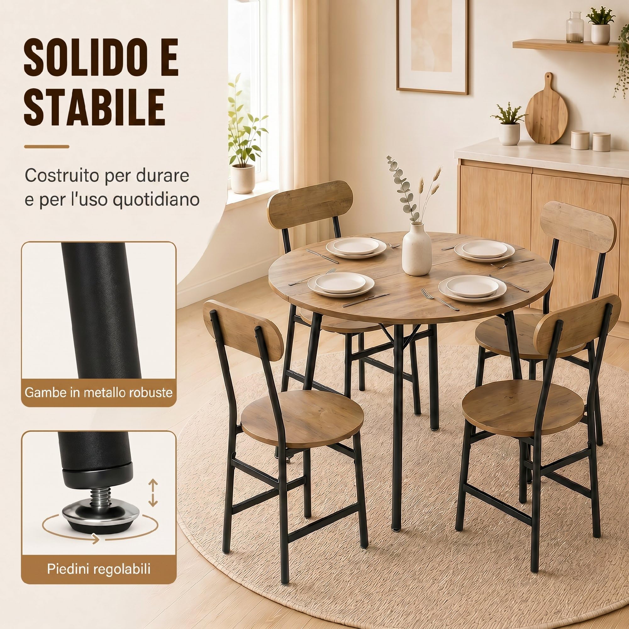 HOMCOM Set Tavolo e Sedie Sala da Pranzo 5 Pezzi, Set da Pranzo per 4 Persone Industriale con Tavolo Cucina Rotondo Effetto Legno e 4 Sedie Salvaspazio, Gambe Metallo, per Soggiorno Cucina Color Legno