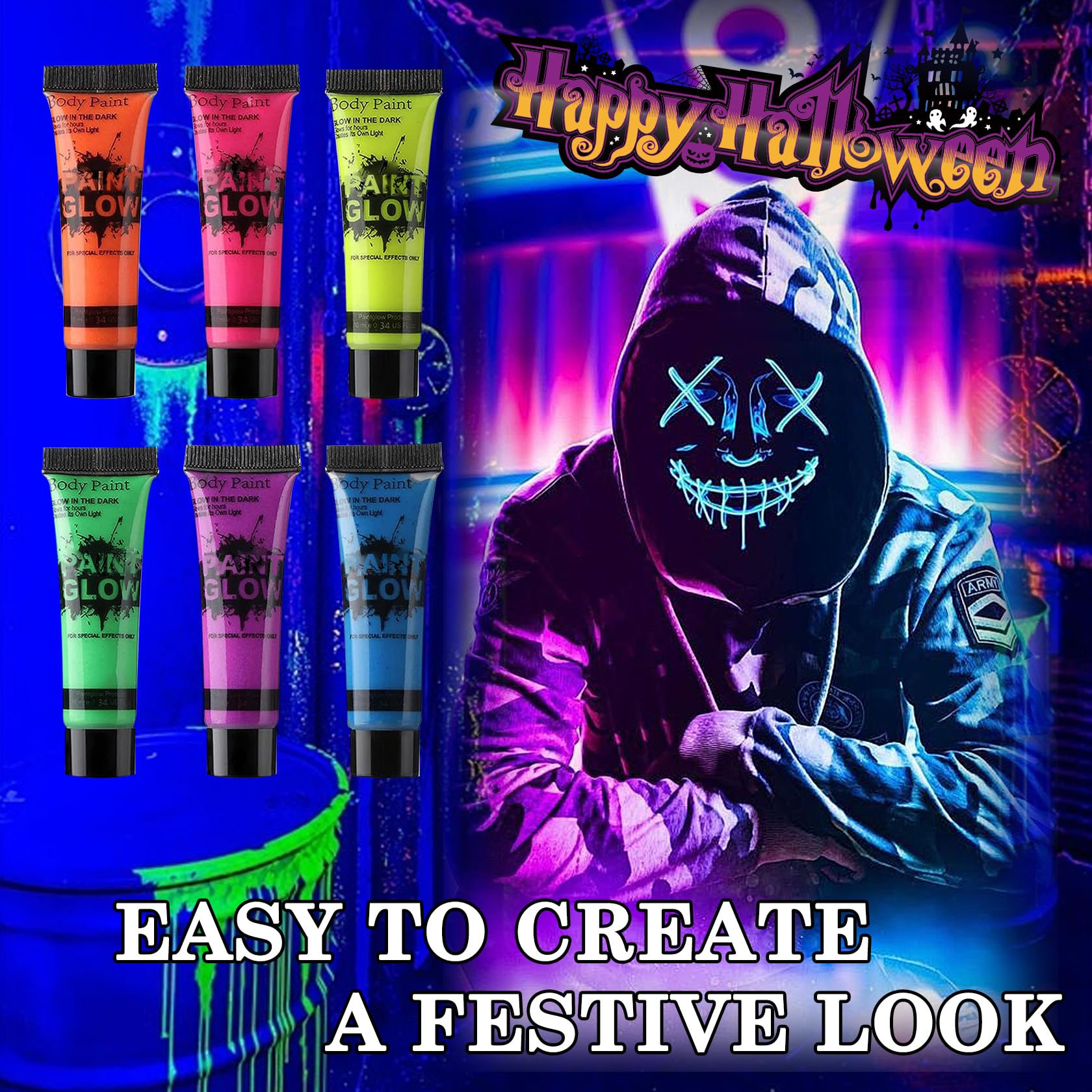 Juego de pintura facial y corporal de 6 colores que brillan en la oscuridad, crema de Halloween para piel, kit de pintura profesional para fiestas, cosplay, maquillaje negro resplandor SFX, 0.3 fl oz 6