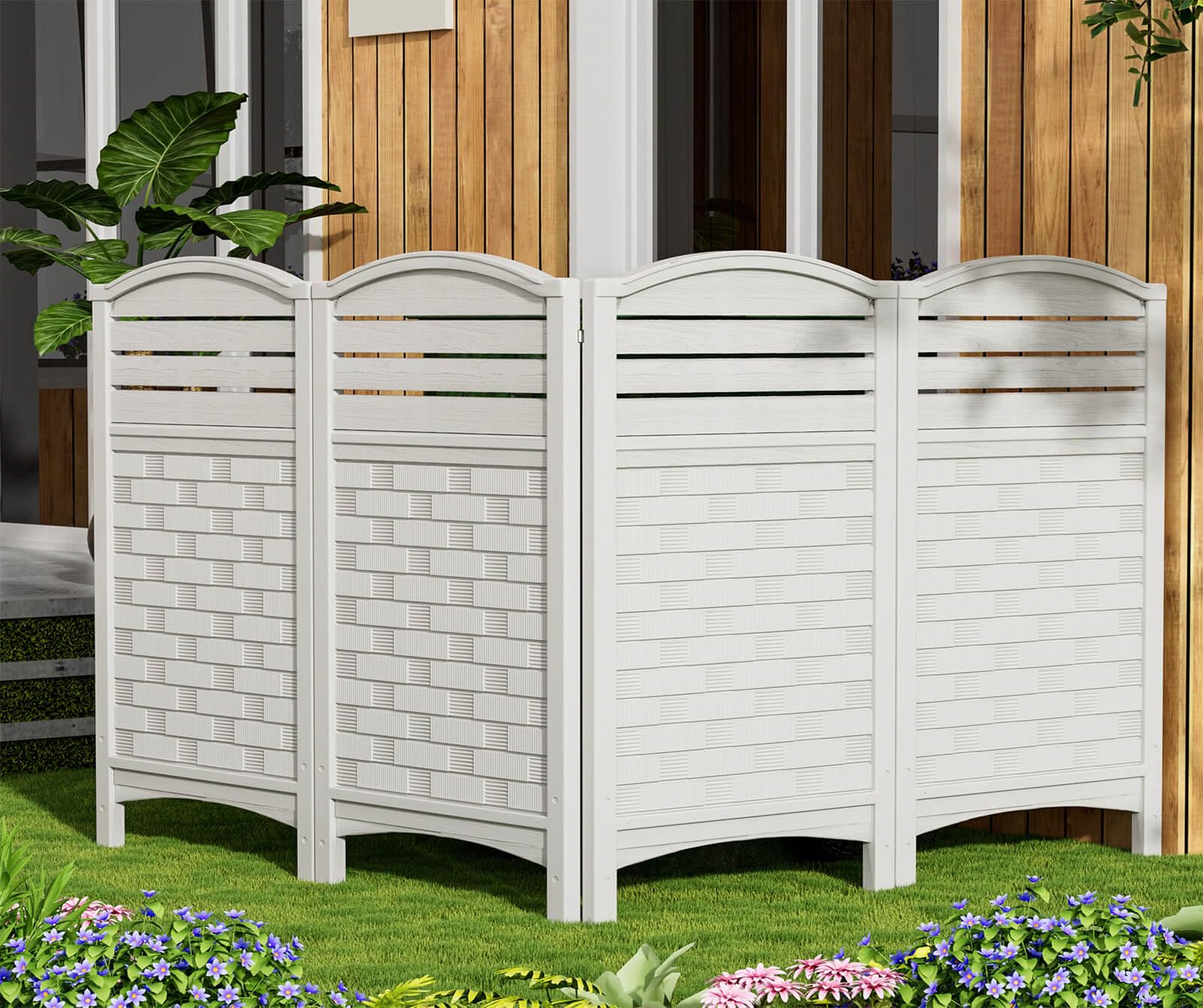 Air Conditioner Fence Privacy Screen,Resin Outdoor Privacy Vinyl Fence,4 Panels Pool Equipment Enclosure with Metal Stake,45" (H) x 22" (W) Per Panel Trash Can Enclosure