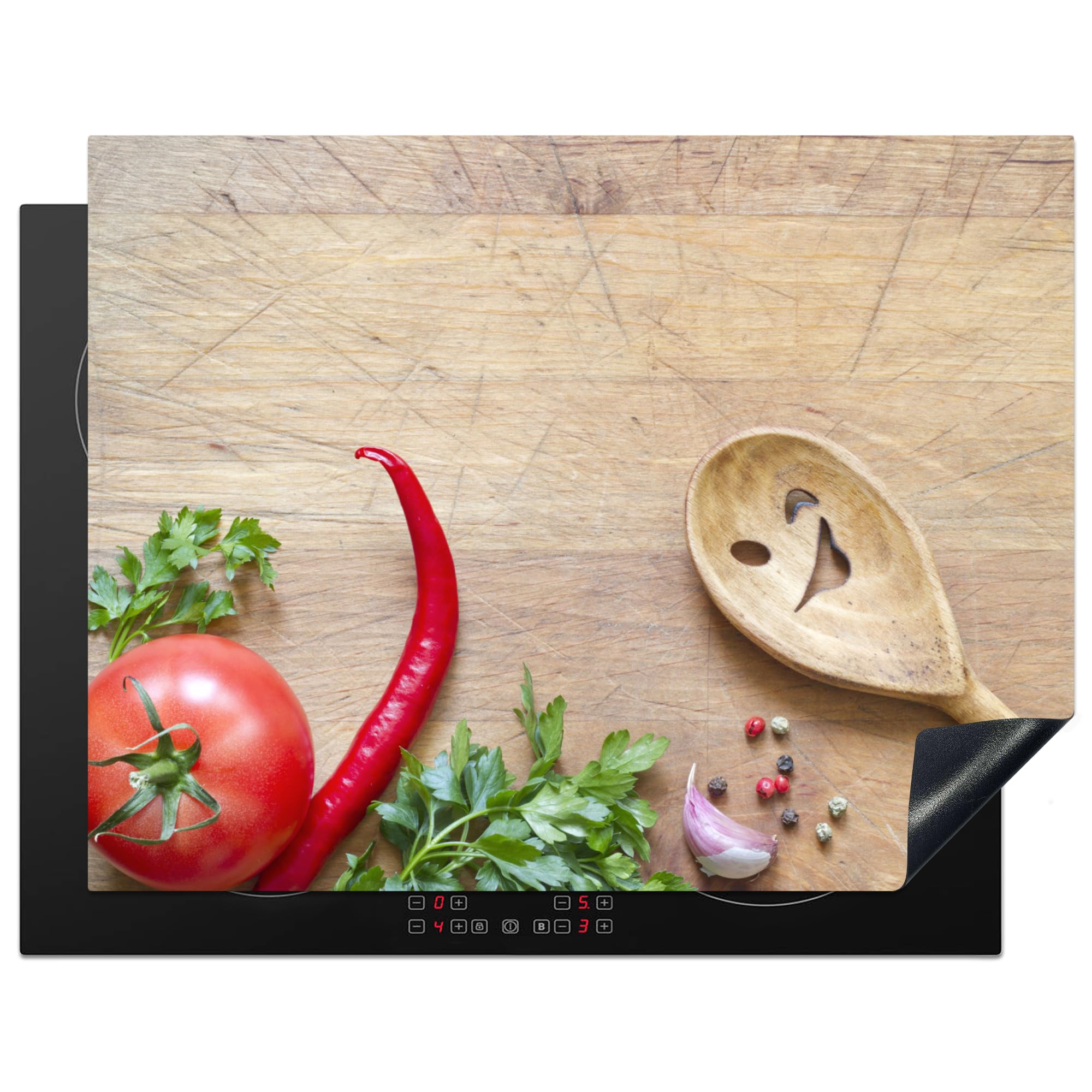 KitchenYeah© Induction Hob Cover Protector Mat 23.2"x30.3" / 77x59 cm Kitchen Universal Ceramic Covers for Electric Cookers Vinyl Vegetable - Wood Texture - Ladle - Smiley - Tomato