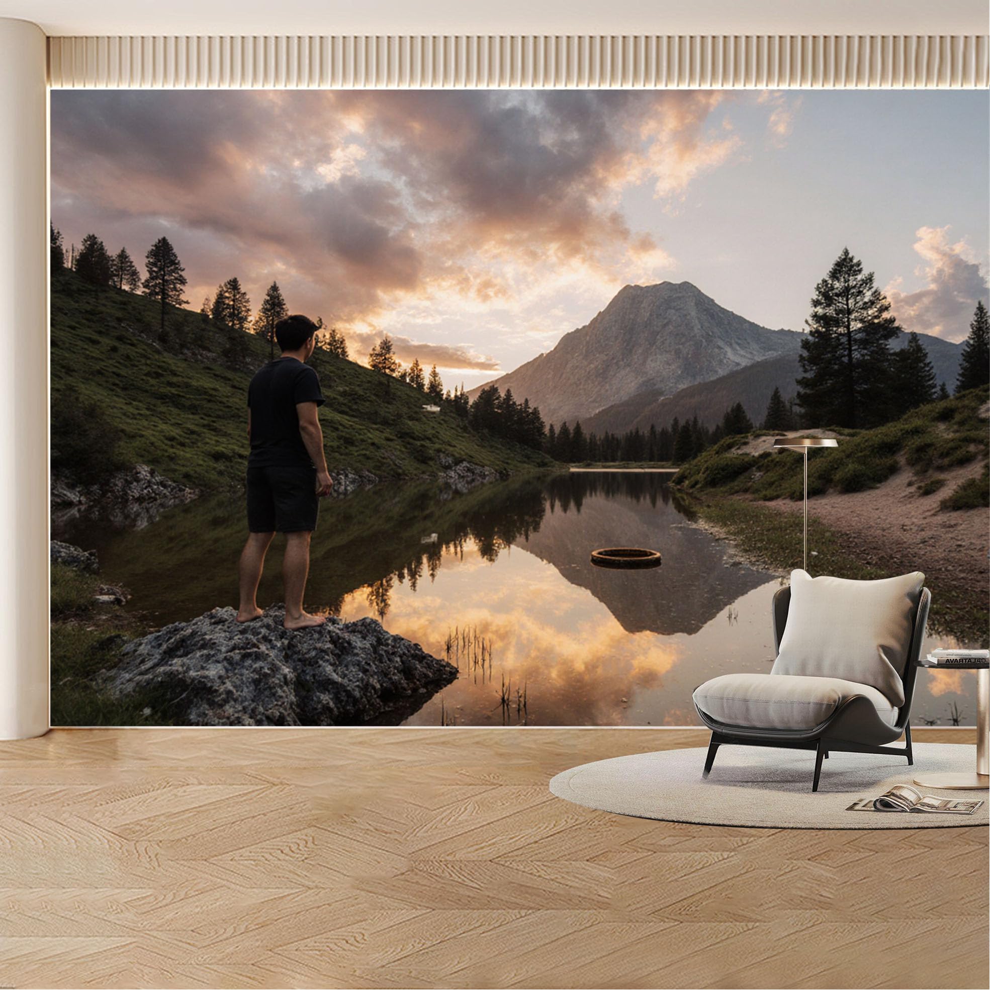 Custom Wall Mural Wallpaper Mountain Lake Landscape Nature Wall Decor Large Wall Art Sunset Misty Nordic Removable SelfAdhesive Large Photo for Living Room， Bedroom， Office