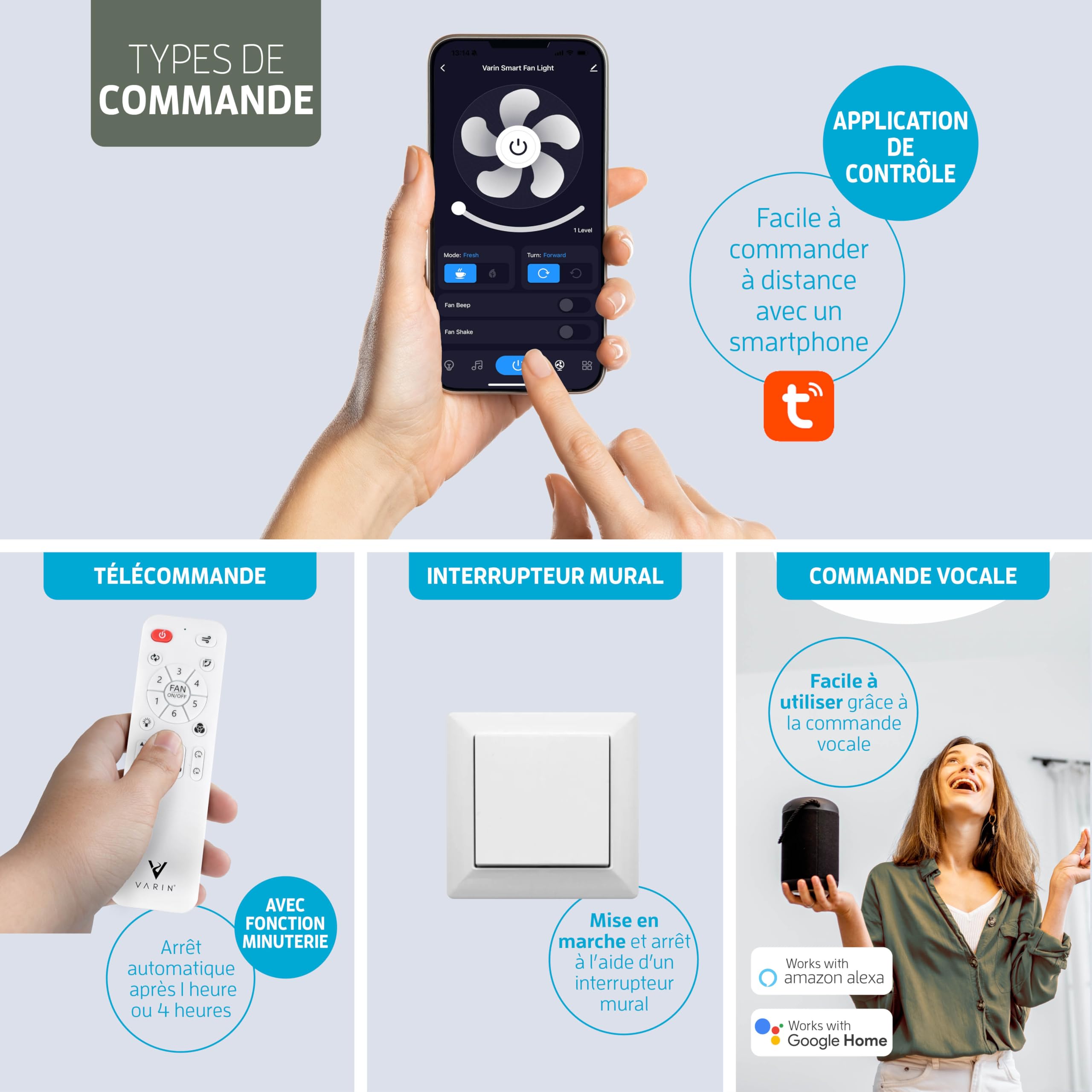 Varin Ventilateur Plafond avec Lumiere Intelligent, Plafonnier Silencieux Chambre, Tuya Wi-Fi LED 30W RGBW Ø 50 cm Télécommande 3000K-6000K Bois Clair