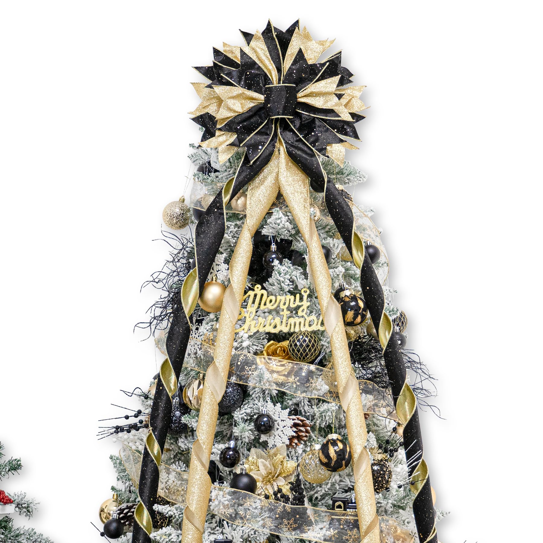 Hismir Christmas Tree Topper Bow, 53x13 Inches Large Christmas Bow with Glitter Streamer, Decorative Ribbon Bows for Xmas Tree Wreath Door Festival Home Decor(Black & Gold)