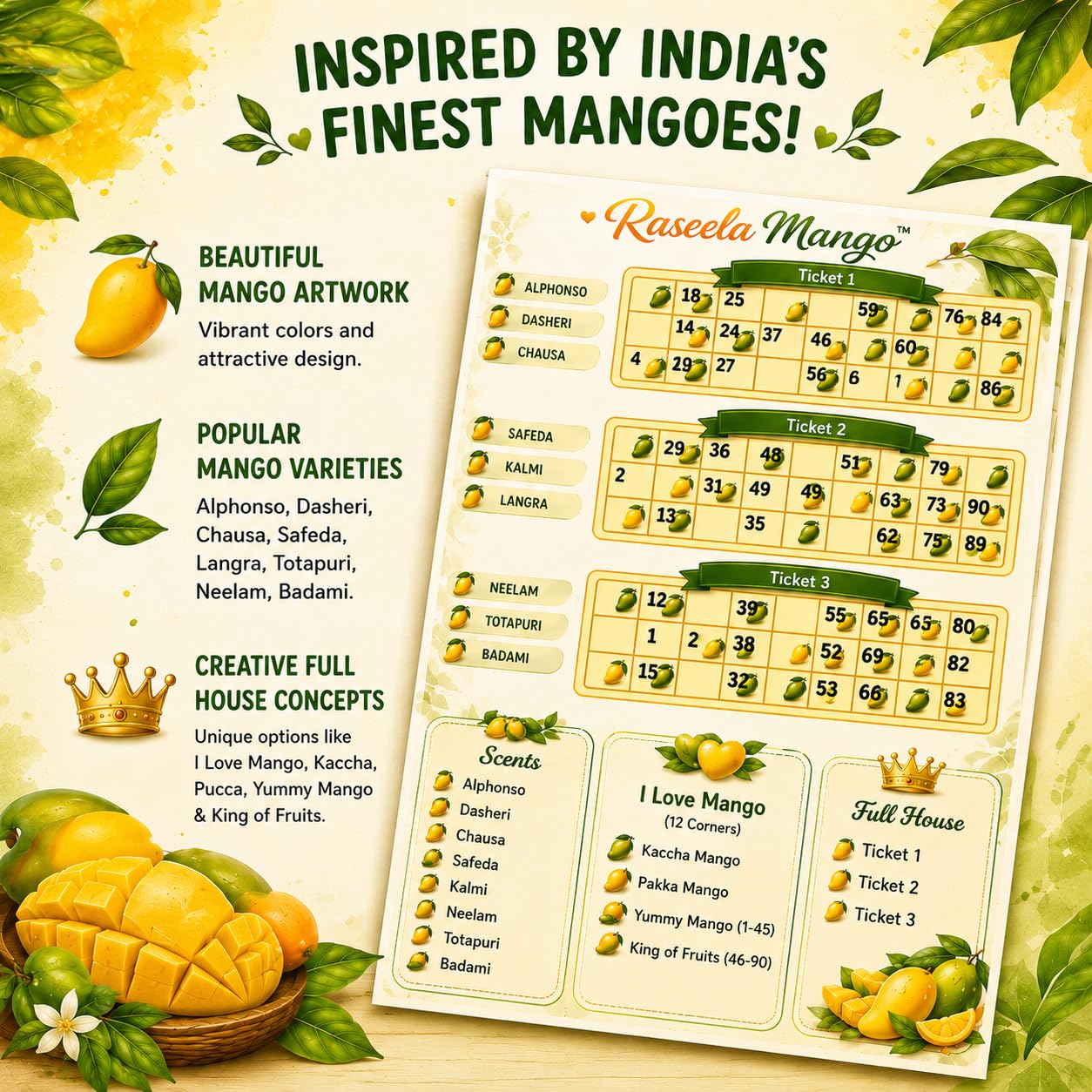 UltPult Tambola Mango Kaccha Aam Tambola Tickets Summer Theme Bingo Housie Game - More Dividends | English | Cards for Kitty Party, Friends & Family Gatherings (Set of 15 Tickets) 3