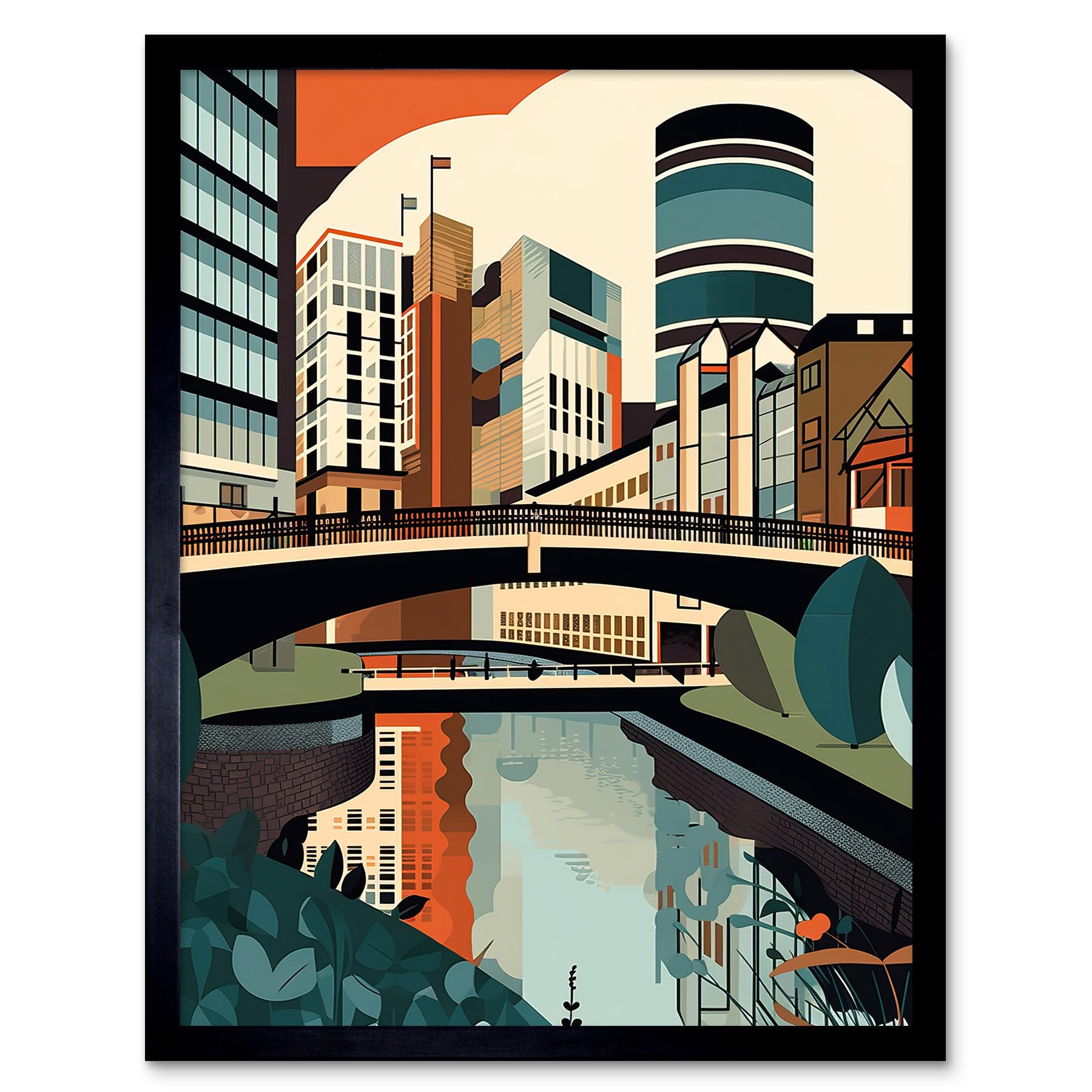 Artery8 Birmingham City Centre Canal Geometric Cityscape Art Print Framed Poster Wall Decor 12x16 inch