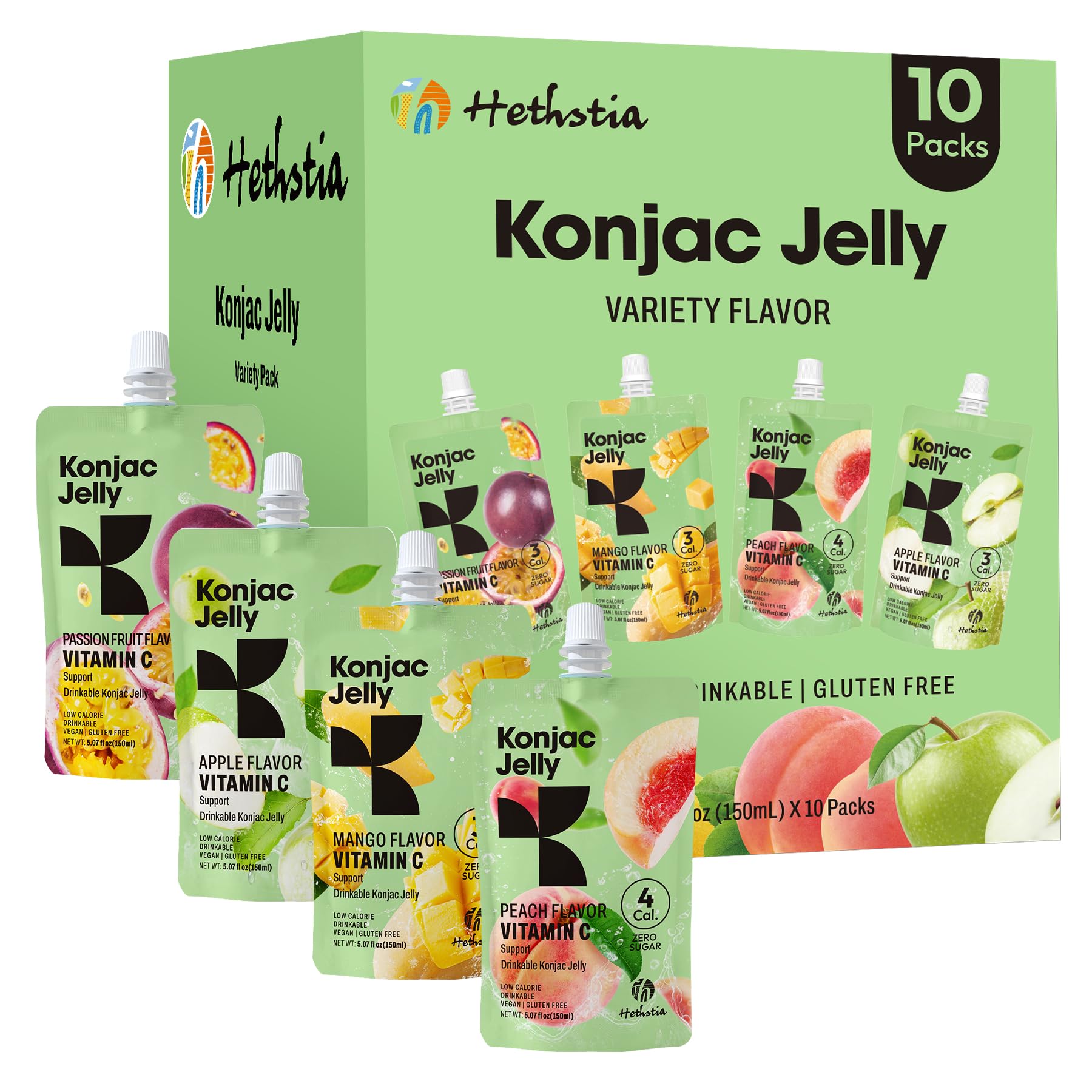 Hethstia Konjac Jelly, 10 Pack – Peach, Mango, Passion Fruit, Green Apple – Vegan, Sugar-Free, Low Calorie, Keto, Gluten-Free, Vitamin C Snack – Refreshing, Drinkable, On-the-Go Healthy Treat