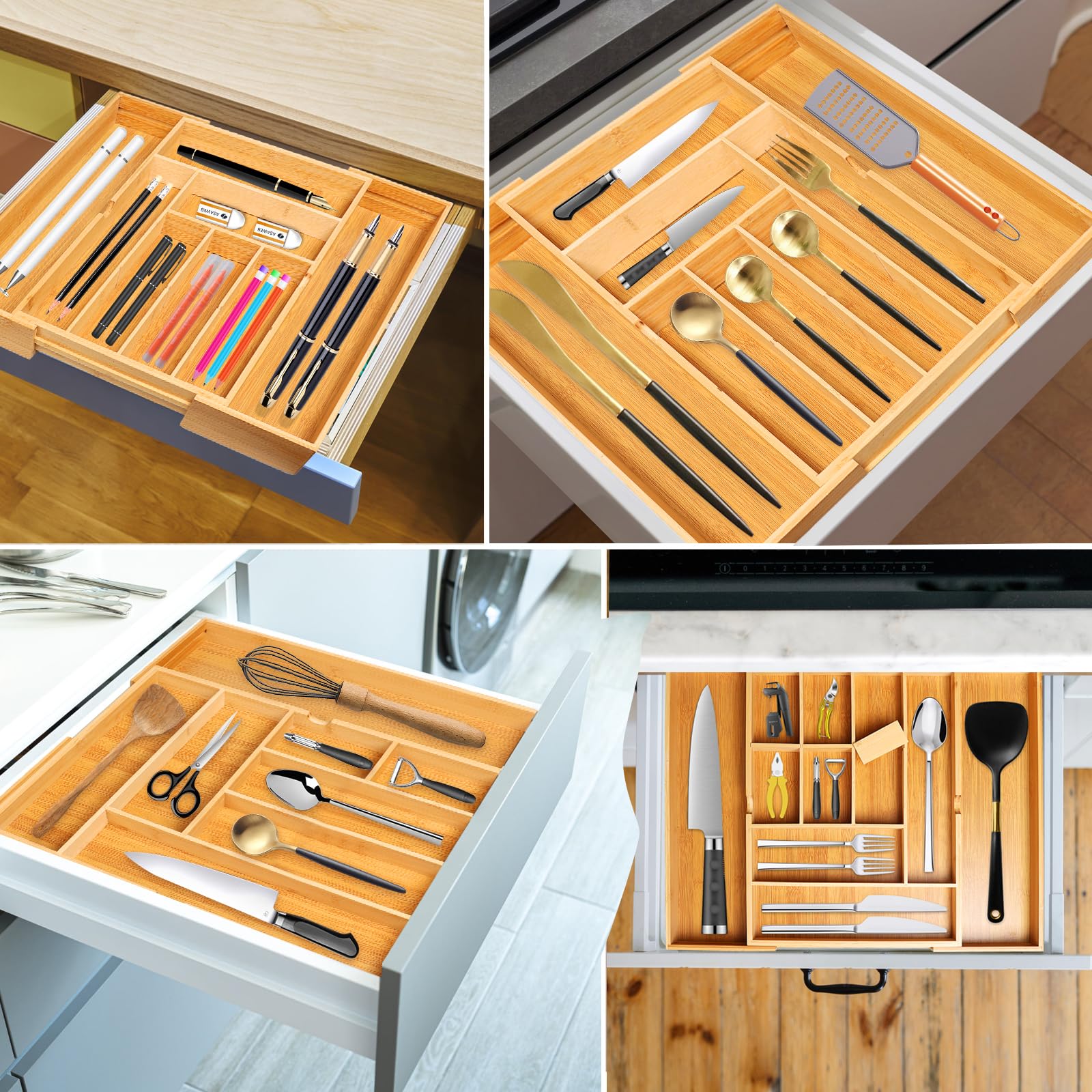 Organisateur De Tiroir En Bambou Utoplike - Extensible 32-56cm, Pour Couverts, Outils - Naturel
