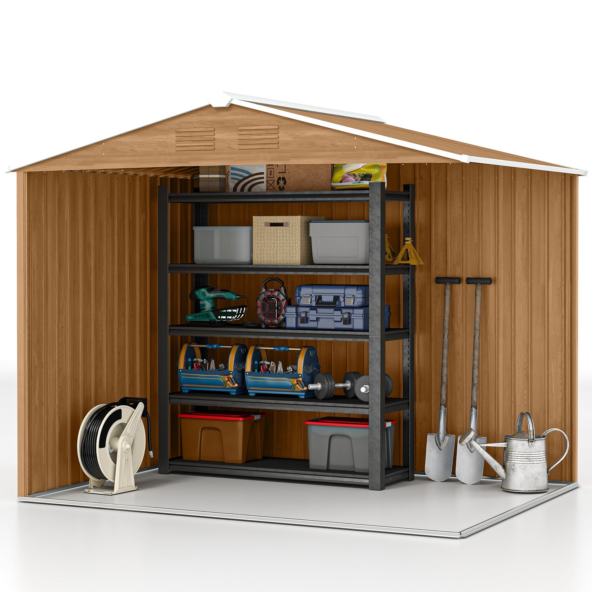 Outsunny Casetta da Giardino 3.6m² in Acciaio Zincato con Prese d'Aria, Capanno da Giardino con Doppia Porta Scorrevole Bloccabile, Tetto Inclinato, Capanno Porta Attrezzi, Marrone Scuro Effetto Legno