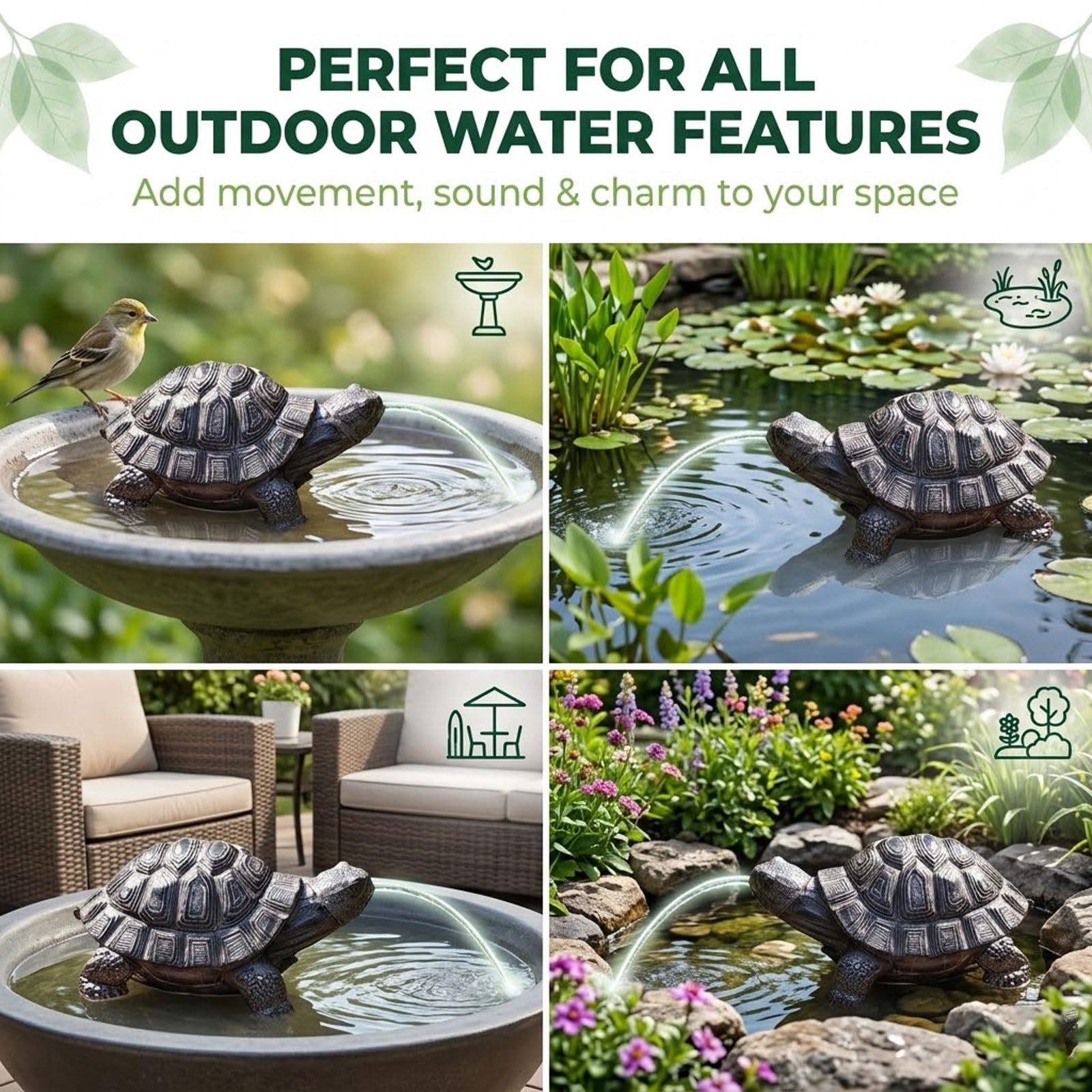 Fuente Solar De Tortuga De Resina Con Surtidor Para Estanque – Aireador Solar Para Jardín Y Baño Para Pájaros, Incluye Kit De Cepillos De Limpieza
