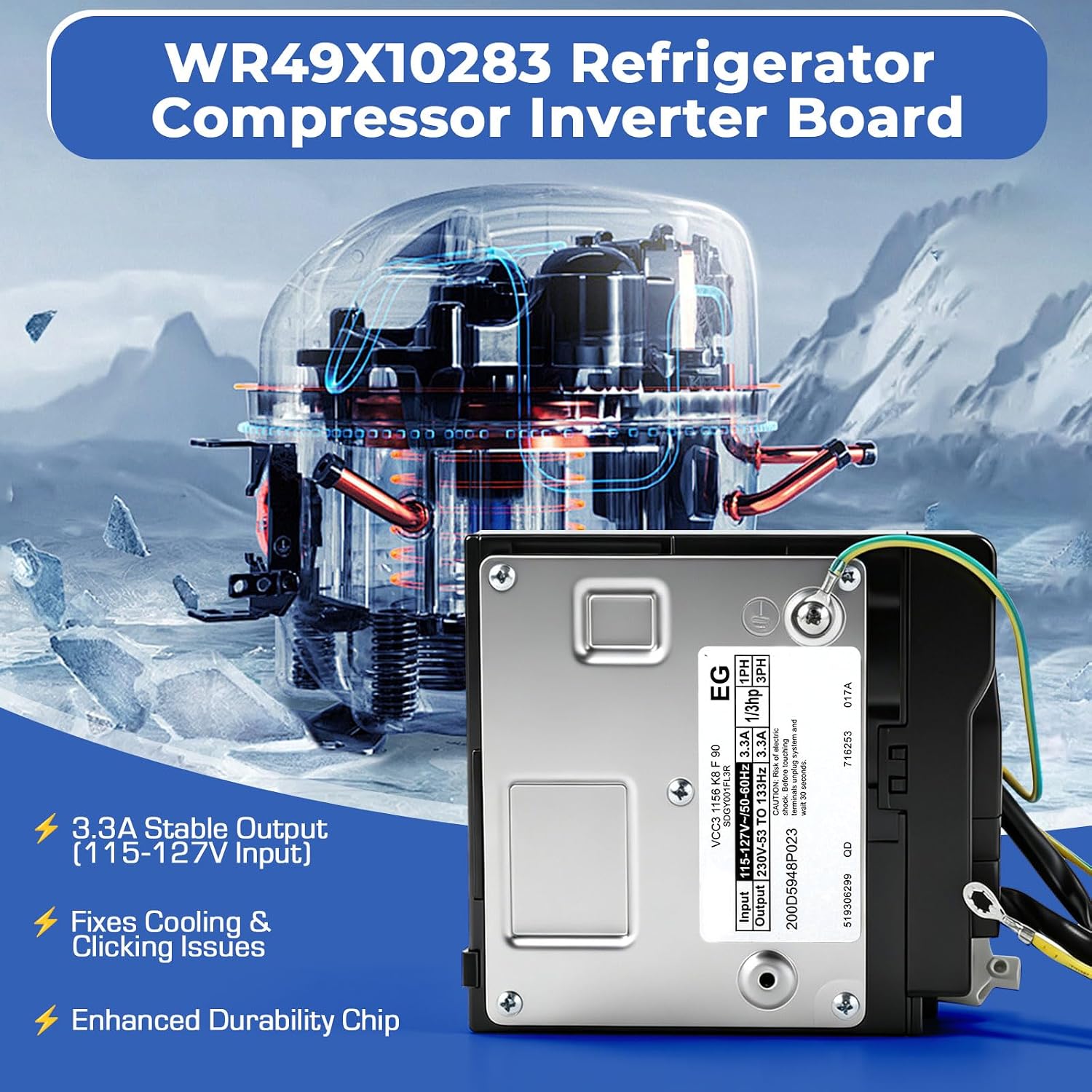 Upgraded WR49X10283 Fridge Inverter Board VCC3 1156 K8 F90 Fit GE Monogram Refrigerator, Replaces WR55X10490 WR55X11029 PS6883663, Kit with PVC Tape, Screwdriver & Nitrile Gloves
