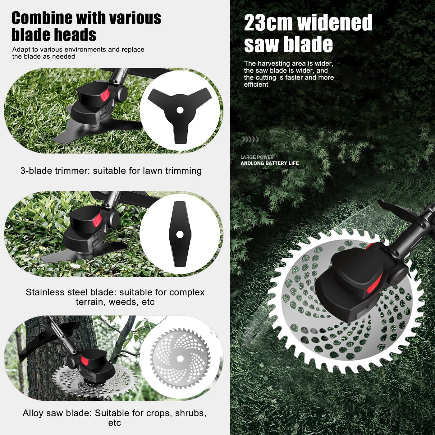 Cortacésped eléctrico inalámbrico y cortacésped, 3 cuchillas, varilla telescópica de 90 a 120 cm, hoja de sierra de 23 cm, 2 baterías, juego de herramientas eléctricas para exteriores