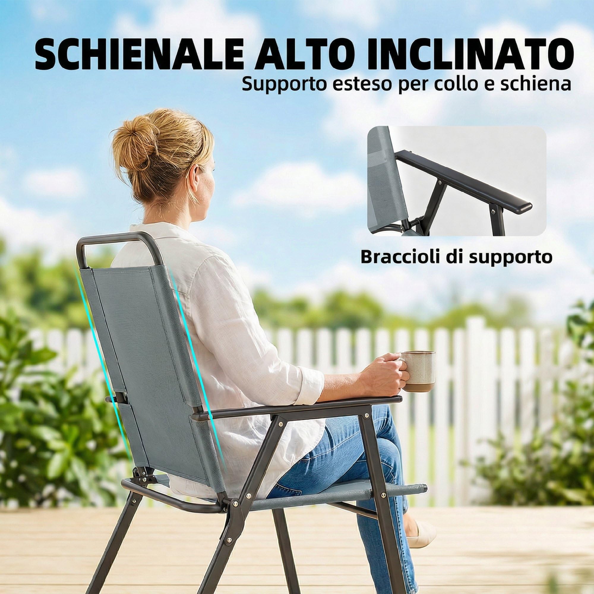 Outsunny Set di 2 Sedie da Giardino Pieghevoli, Seduta in Rete, Schienale Alto e Braccioli, Grigio