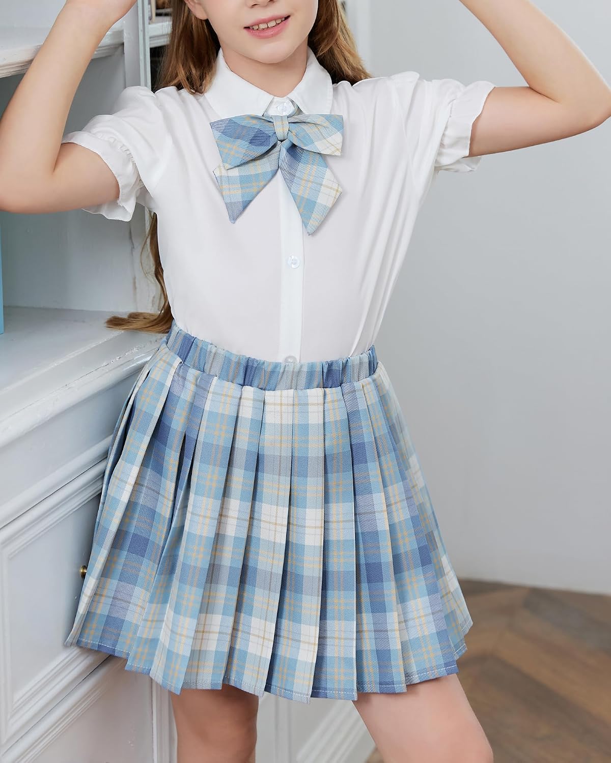 SANGTREE Girls' JK School Uniform Outfit Cute 2 Piece Set with Bow Tie Shirt and Pleated Skirt,4T-14Y