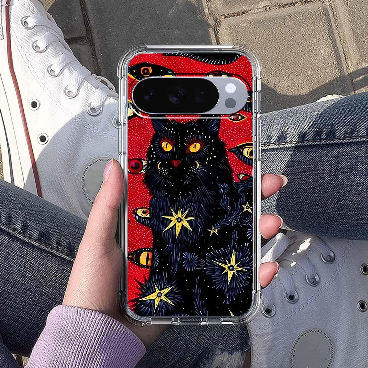 Case for Google Pixel 10/10 Pro with Hippie Art Design,Trippy Cute Cool Black Cat Pattern,Clear Slim Soft TPU Bumper Phone Cover,6.3”(Cat,P10)