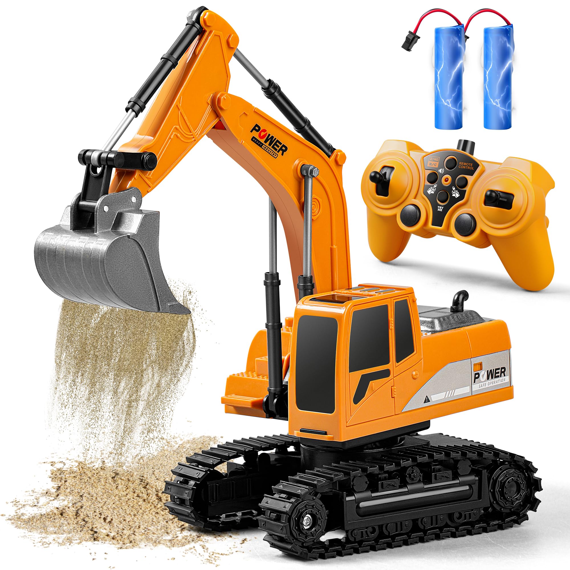 Escavatore telecomandato da 3 4 5 6 anni, escavatore elettrico con pala metallo/luce/suono/rotazione a 360°, giocattolo idraulico Rc Digger per bambini