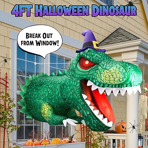 Miniatura 3 de Decoraciones inflables de Halloween de 4 pies, dinosaurio al aire libre estallado de la ventana con LED vívido T-Rex integrado inflable para