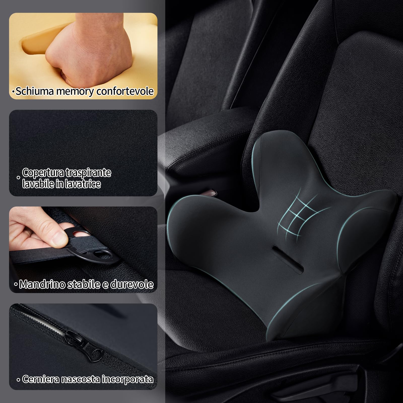 Cuscino Lombare Auto in Memory Foam Ergonomico – Supporto Schiena per Guidatore, Riempie lo Spazio tra Sedile e Schiena, Migliora il Comfort e la Postura.
