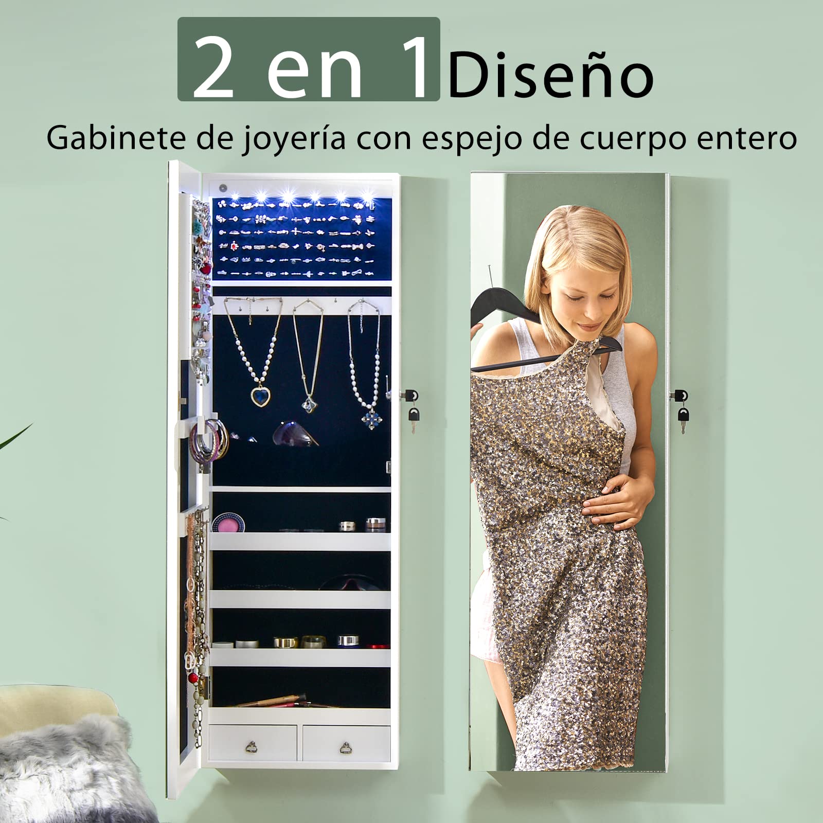 COSTWAY Armario con Espejo Joyero, Puerta LED y 2 Cajones, Cuerpo Entero para Dormitorio (Blanco)