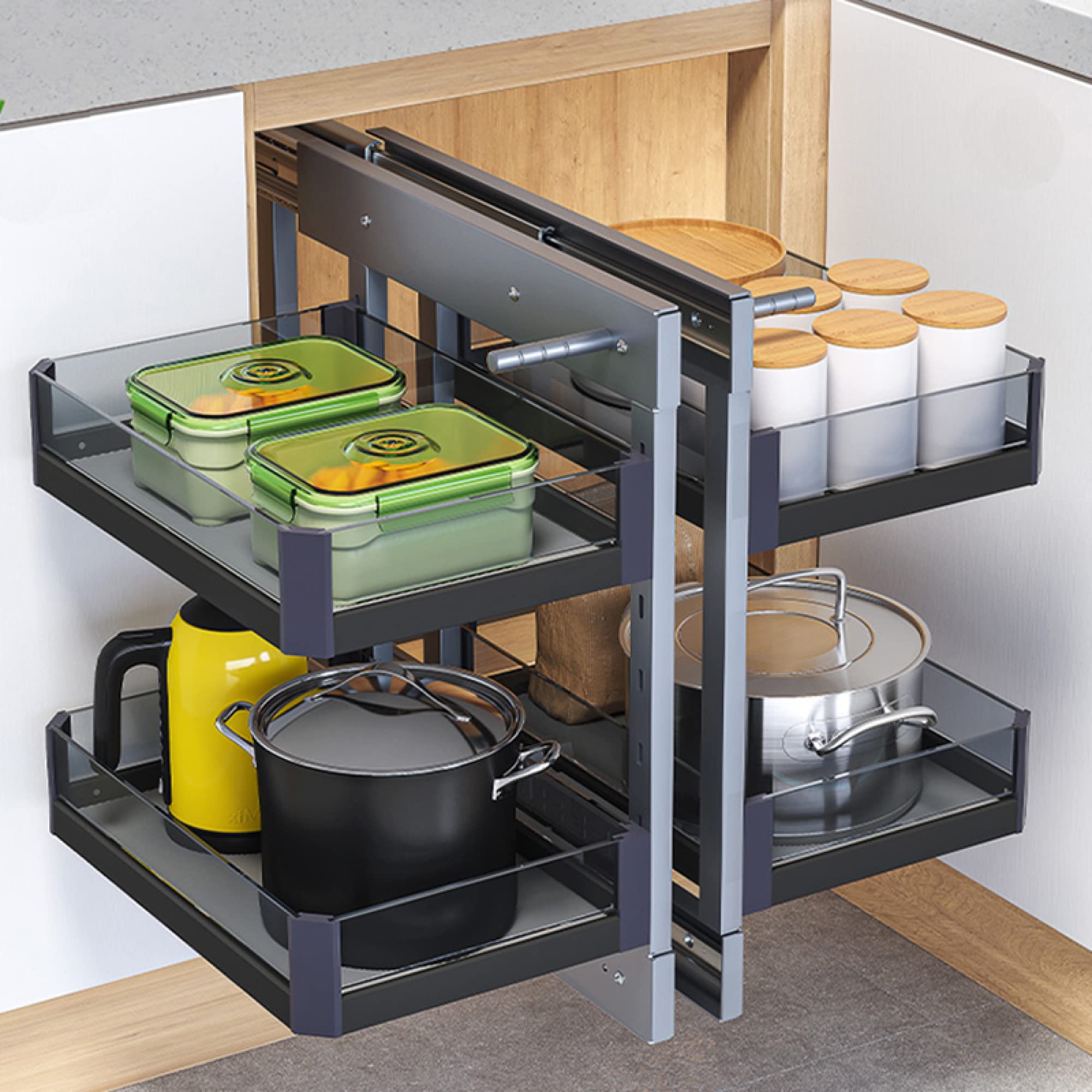 Organisateur d'armoire de Cuisine d'angle Mort à 2 Niveaux - Panier à tiroir extractible en Alliage d'aluminium avec Guide d'amortissement - pour Panier sous évier de Cuisine