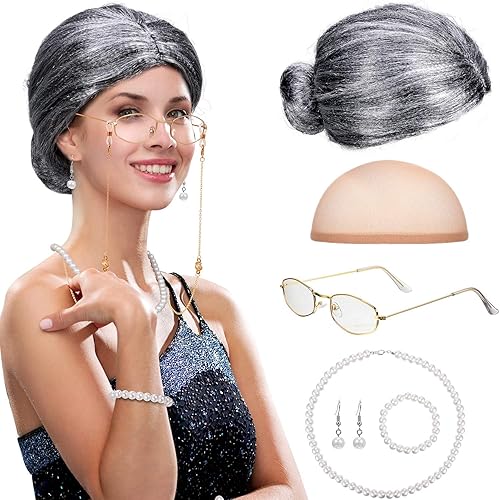 Gejoy 7 Pcs Old Lady Wig Costume Set Grandma Hair Cap Glasses Chain Pearl Necklace for 100th Day of School Props Cosplay