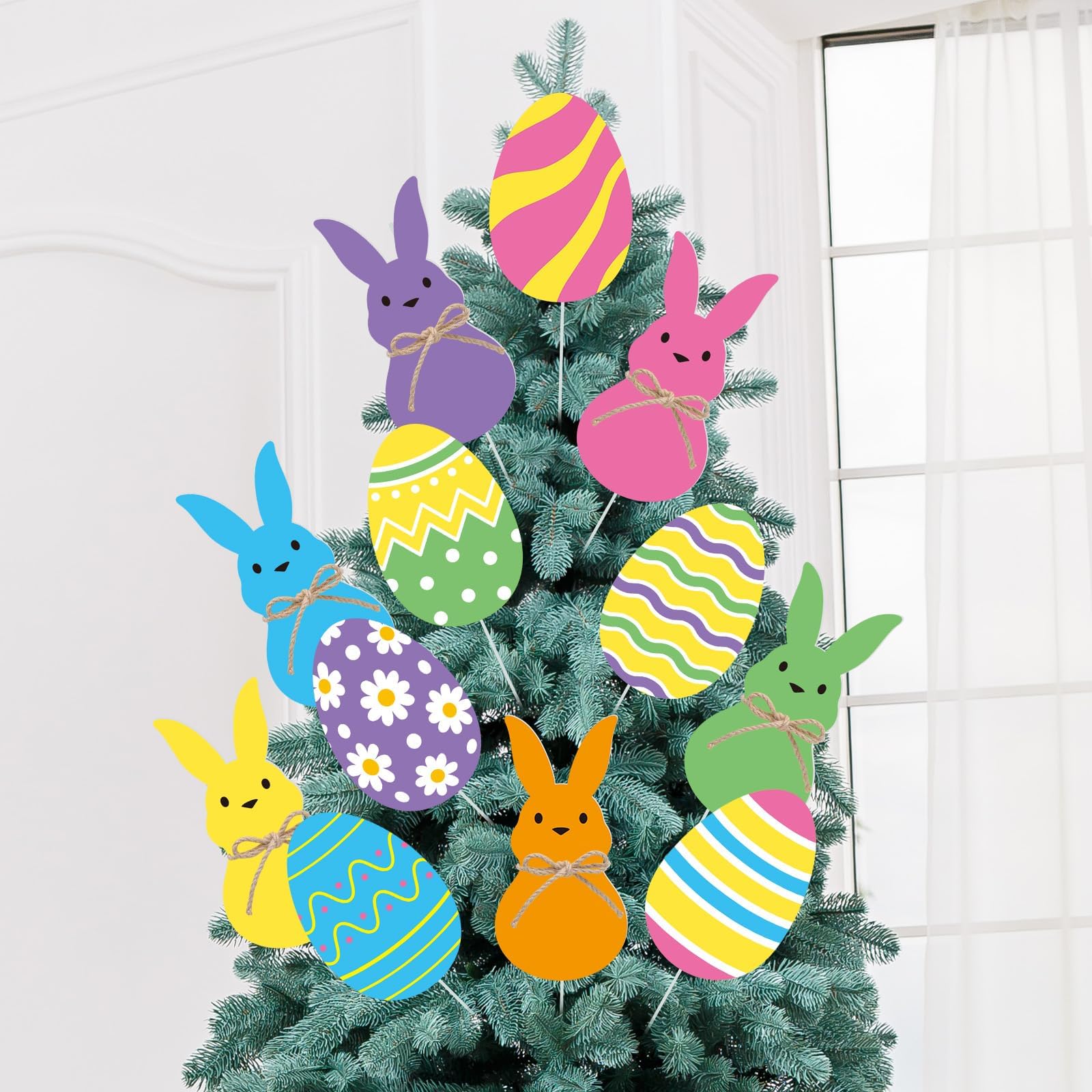 Photo 1 of 12 Pcs Easter Tree Topper Large Easter Bunny Tree Topper Bunny Decorative Tree Picks Easters Trees Ornaments Signs for Home Garden Lawn Spring Party Decor