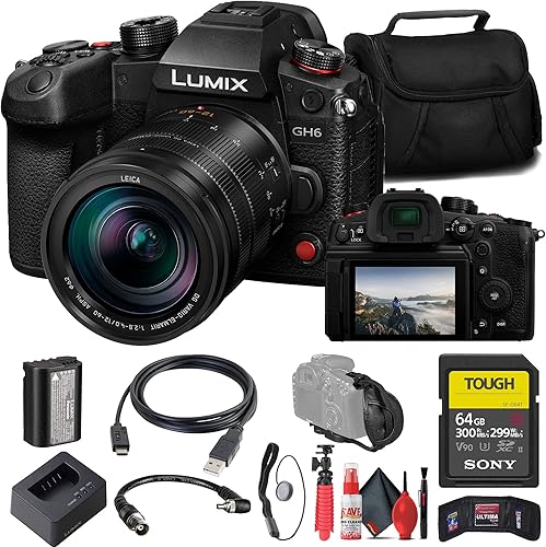 Panasonic Cámara sin espejo Lumix GH6 con lente de 0.472-2.362 in f/2.8-4 (DC-GH6LK) + tarjeta SD resistente Sony de 64 GB + lector de tarjetas +