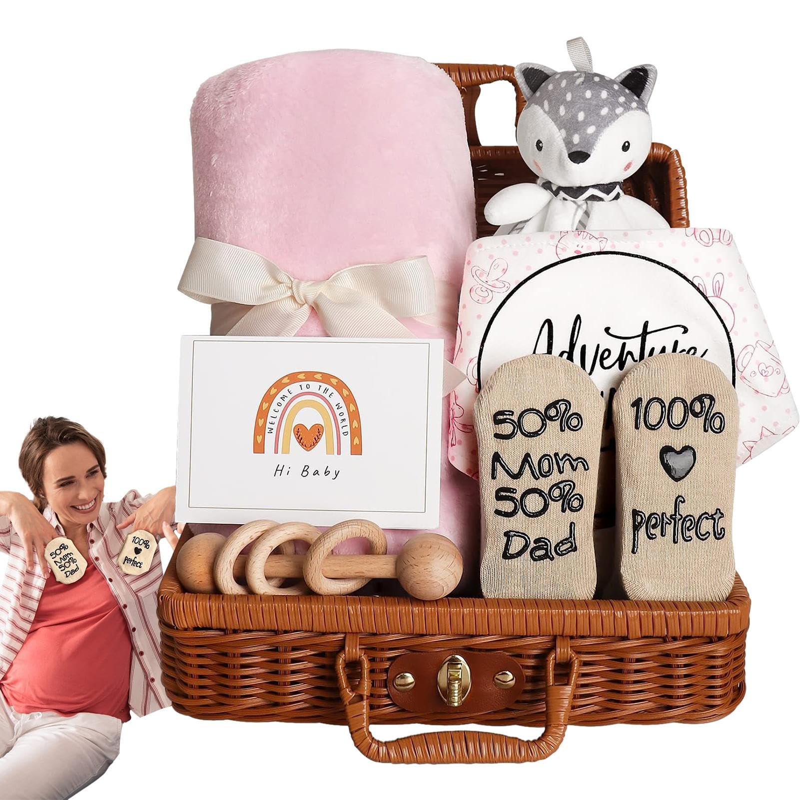 PUCHEN Cesto Regalo Neonato - Set Regalo per Neonato con Coperta per, sonaglio - Cesto Mamme per la Prima Volta, futuri Genitori, rivelazione del Genere, Baby Shower