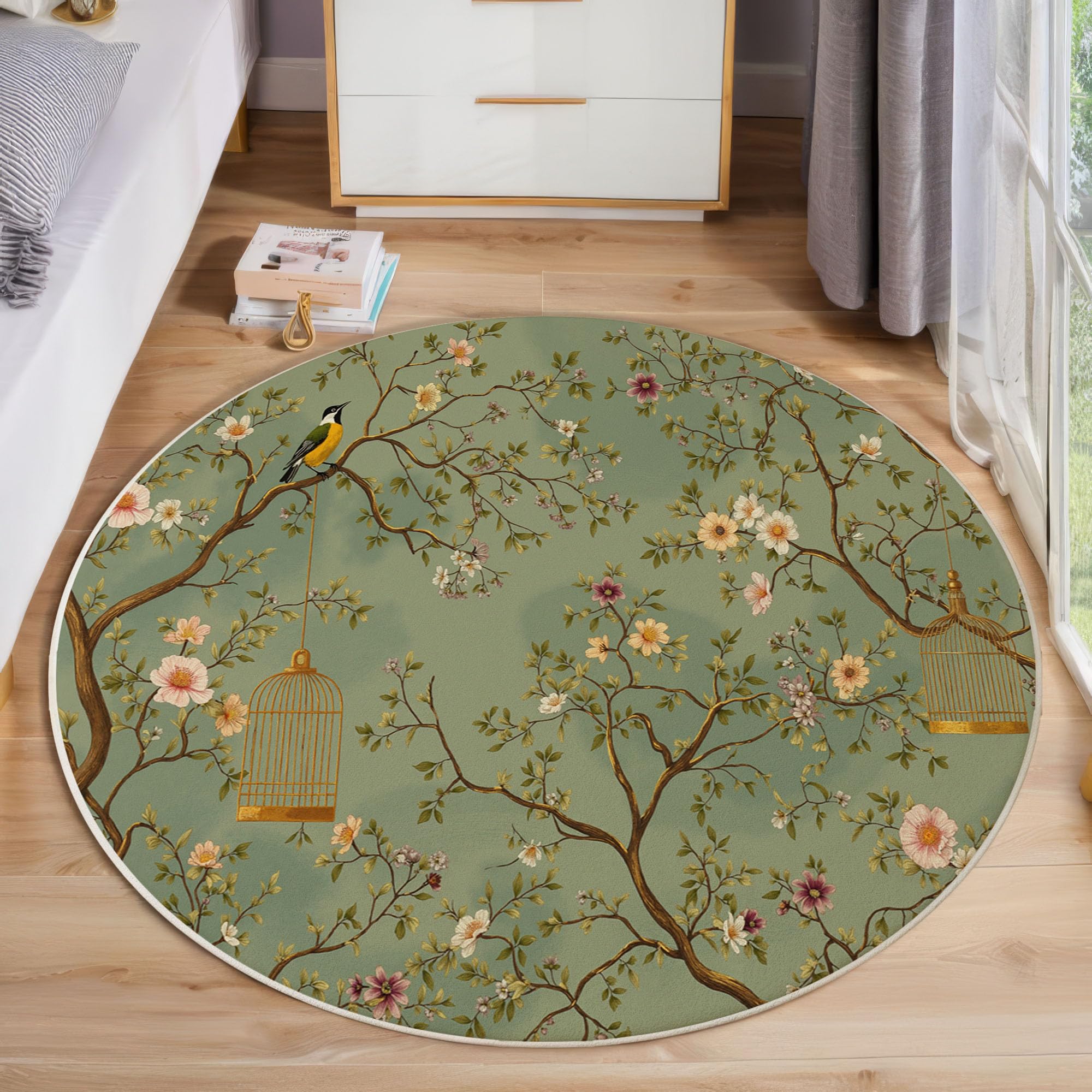 Tappeto Rotondo Stile retrò cinese per Camera da Letto | Tappeto Circolare Uccelli e gabbie per fiori Lavabile per Pelo Corto, Antiscivolo, Morbido, Soggiorno, Camera da Letto 120cm