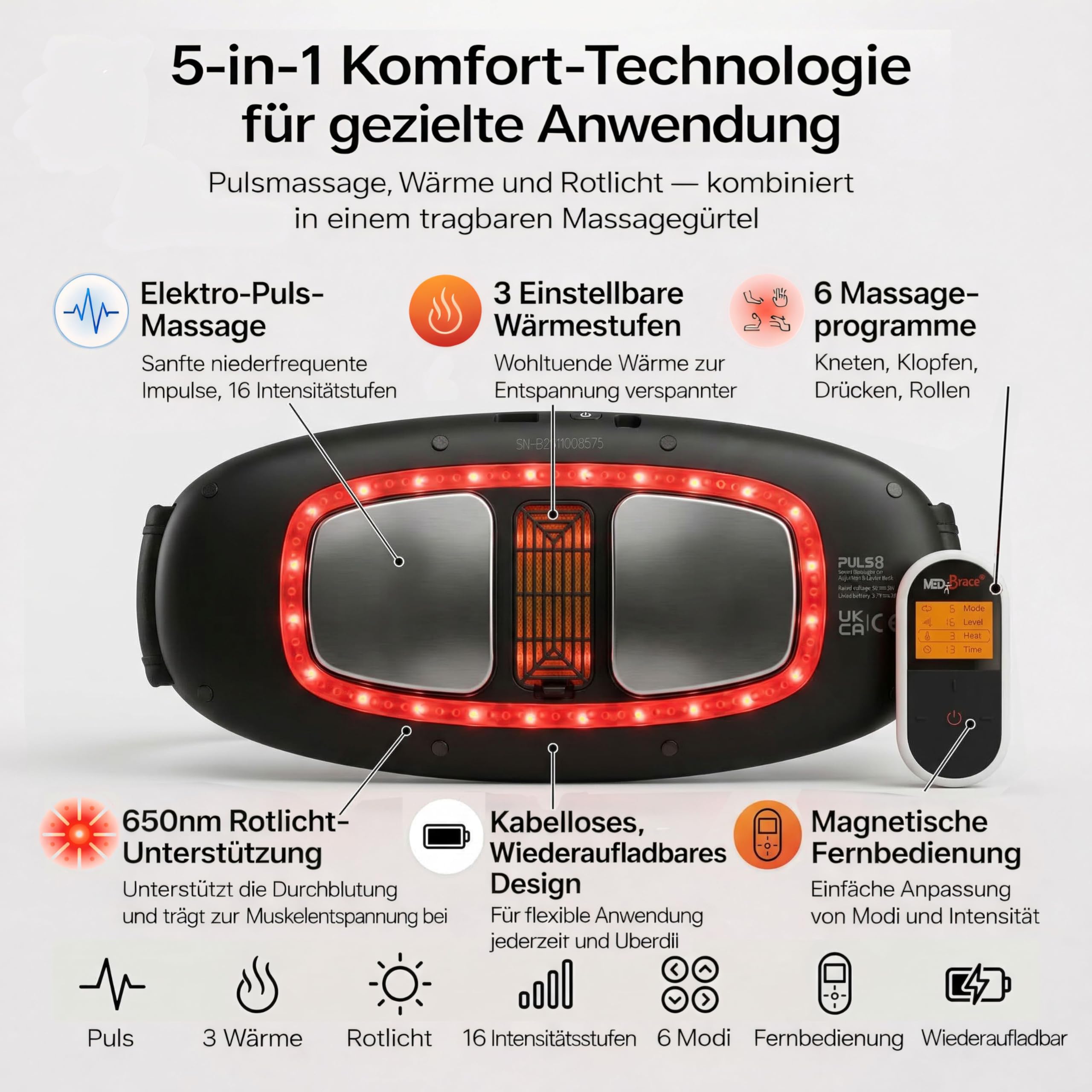 MEDiBrace PULS8 Lenden- & Bauch-Pulsmassage-Gürtel für den unteren Rücken mit Wärmefunktion, USB-C-wiederaufladbar, kabellos, Rotlicht (LED)