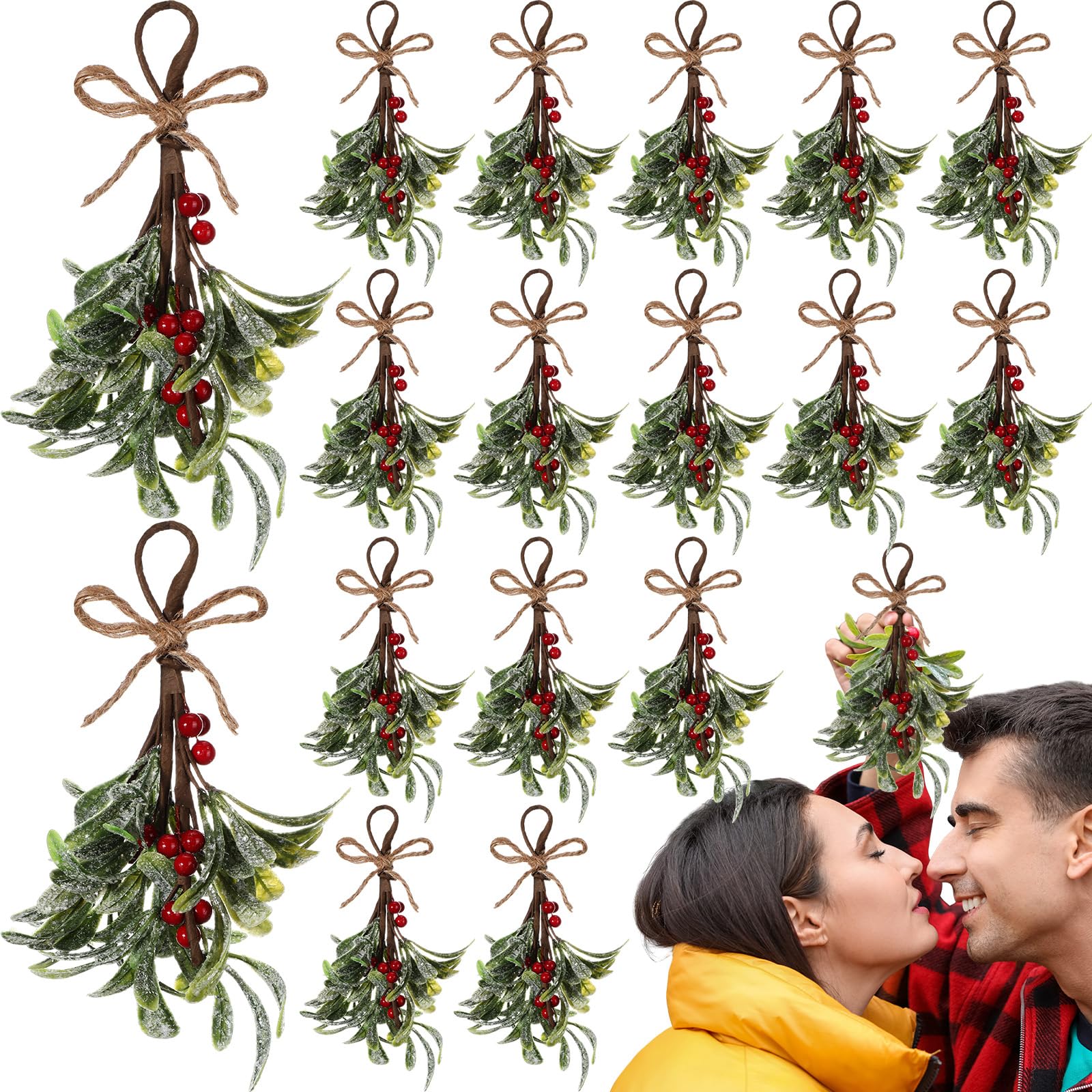Knitgrip Künstliche Mistelzweig-Dekoration, künstliche Mistelzweige, schneebedeckte rote Beerenzweige 21,6 cm, hängende Mistelzweig-Ornamente, Glitzer, rustikaler Weihnachtsbaumschmuck,