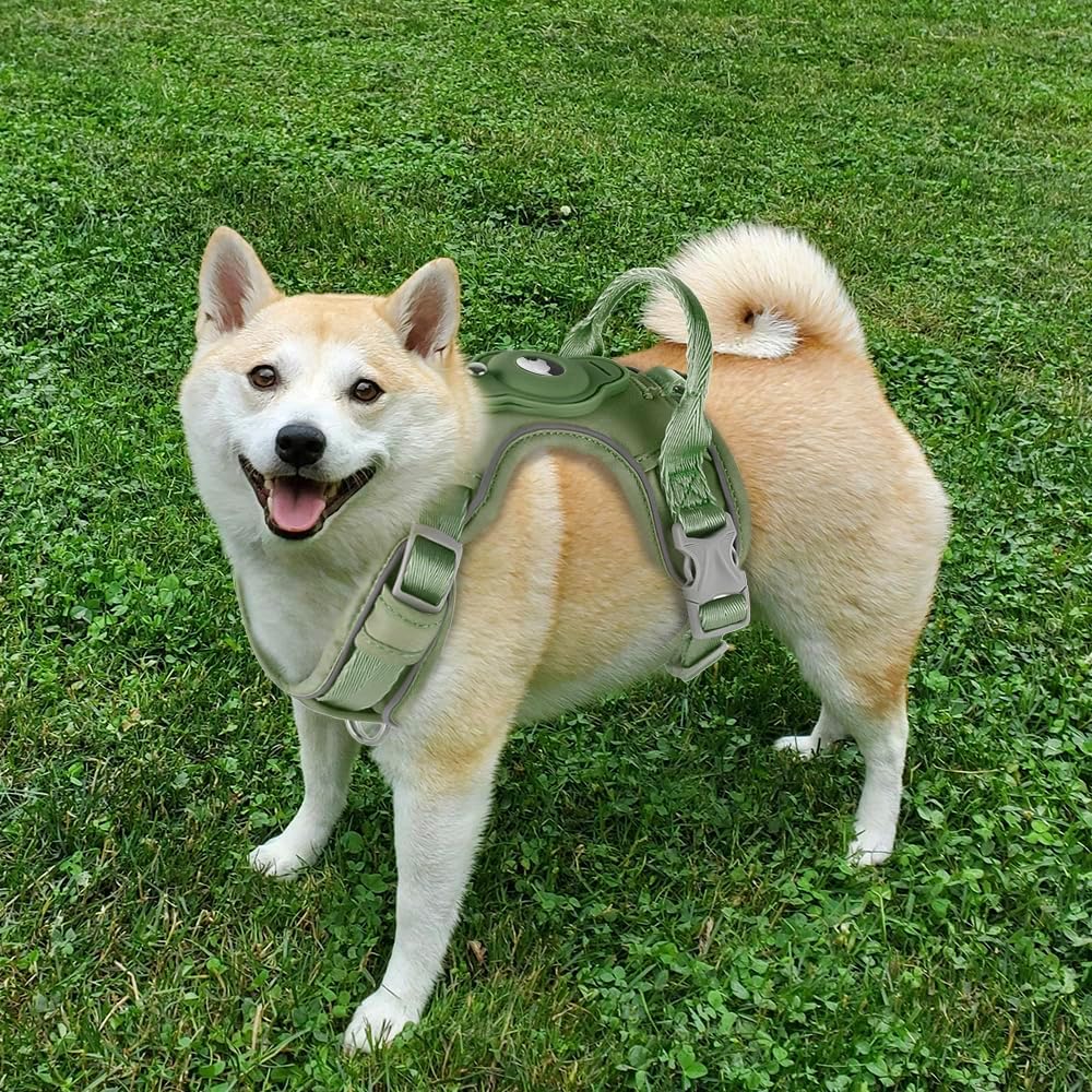 TSPRO Dog Harness with Airtag Holder, Tactical Dog Vest Harness with Handle, Adjustable Heavy Duty Reflective Harnesses, Durable and No-Pull for Medium Dogs (Green Size 4)